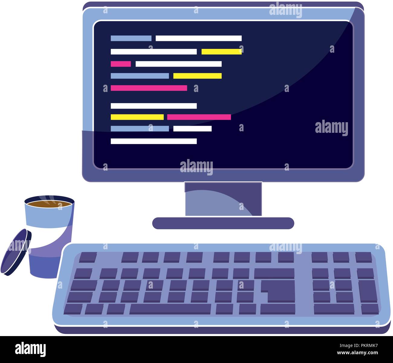 Ordinateur avec les codes de programmation et de café chaud Illustration de Vecteur