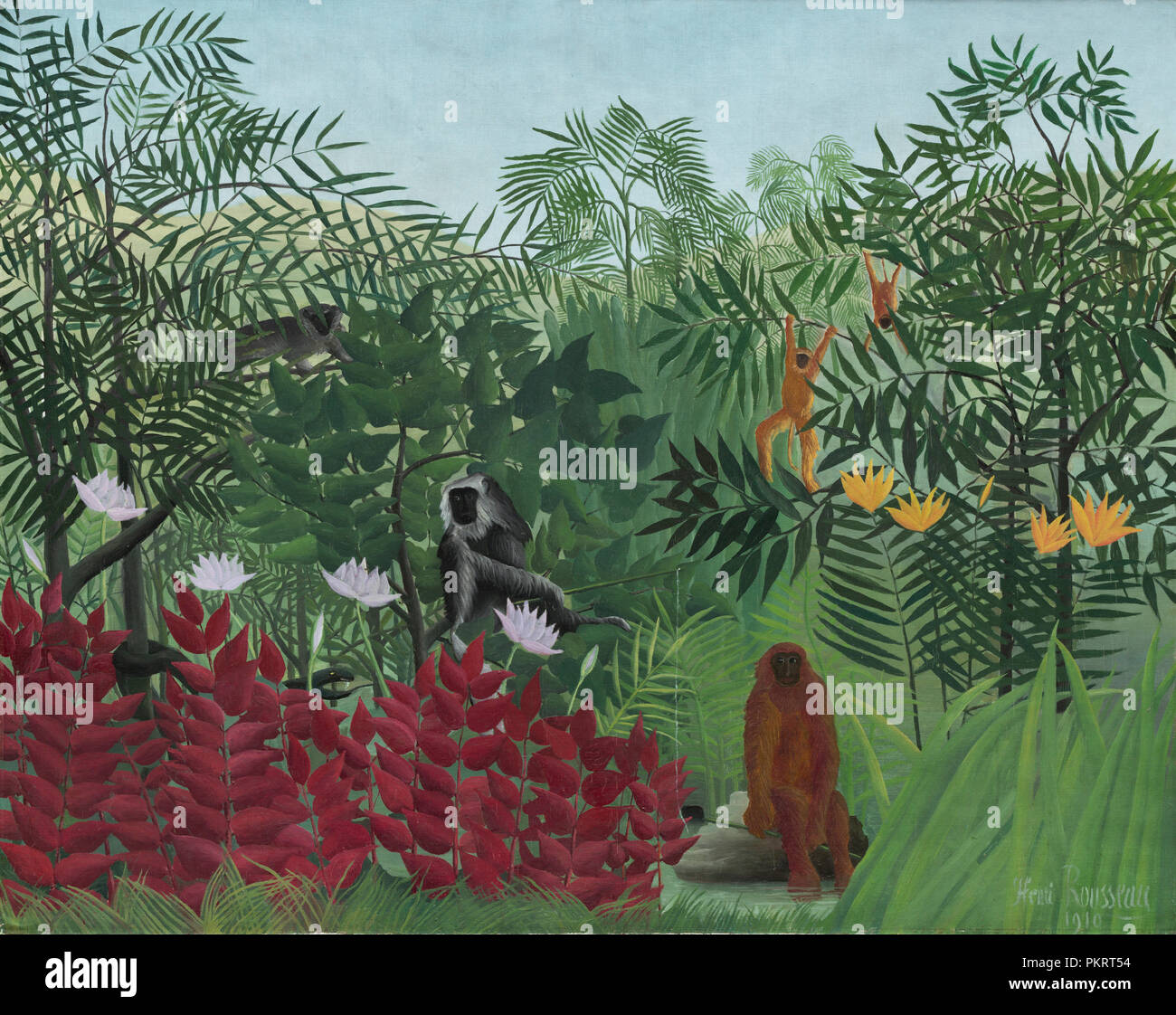 Forêt tropicale avec des singes. En date du : 1910. Dimensions : hors tout : 129,5 x 162,5 cm (51 x 64 in.) : 156,2 x 186,7 encadrées cm (61 1/2 x 73 1/2 in.). Médium : Huile sur toile. Musée : National Gallery of Art, Washington DC. Auteur : Henri Rousseau. Banque D'Images