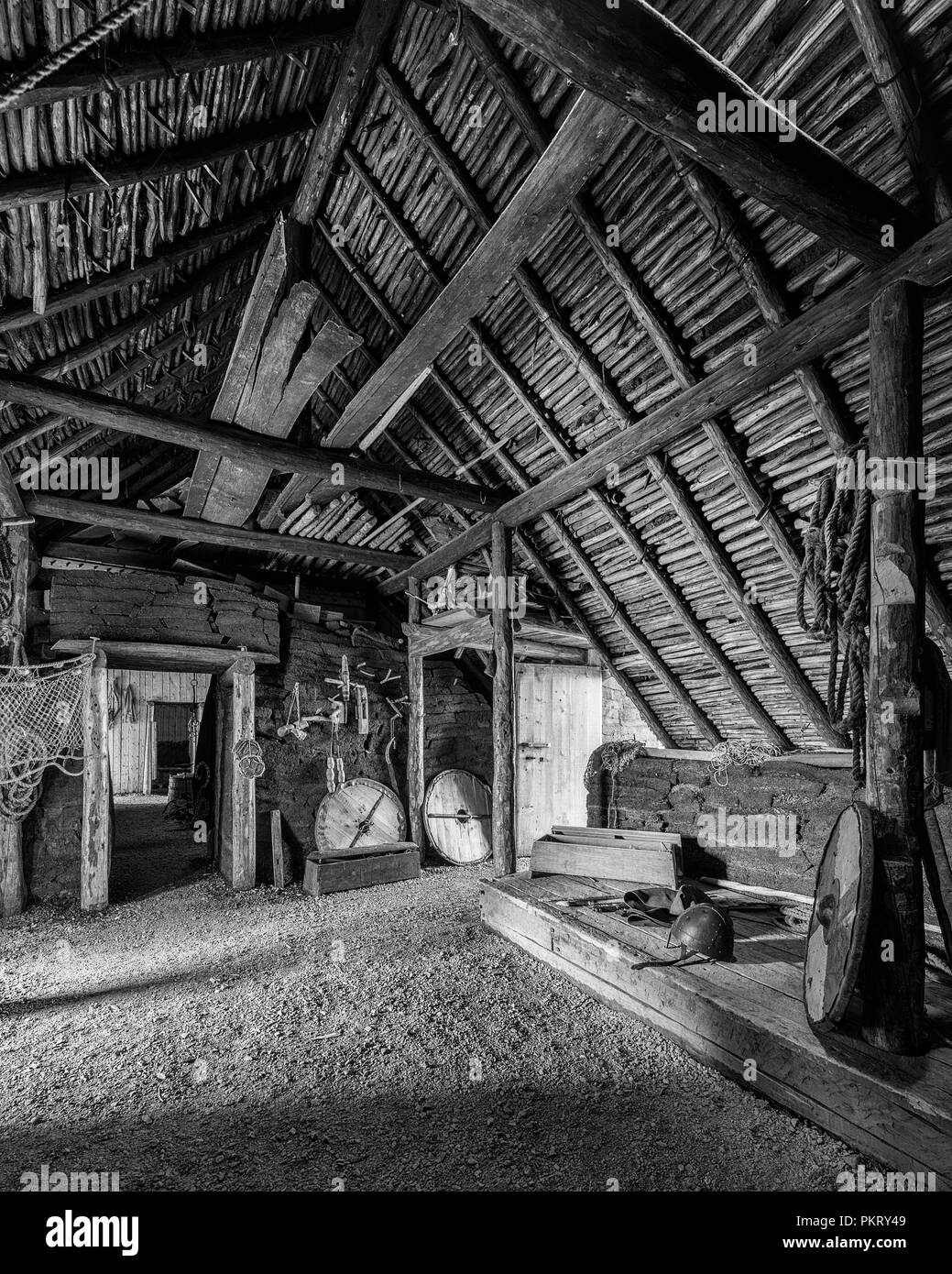 Bâtiments reconstruits sur un site archéologique, l'extrême nord de l'île de Terre-Neuve à L'Anse aux Meadows, Terre-Neuve Banque D'Images