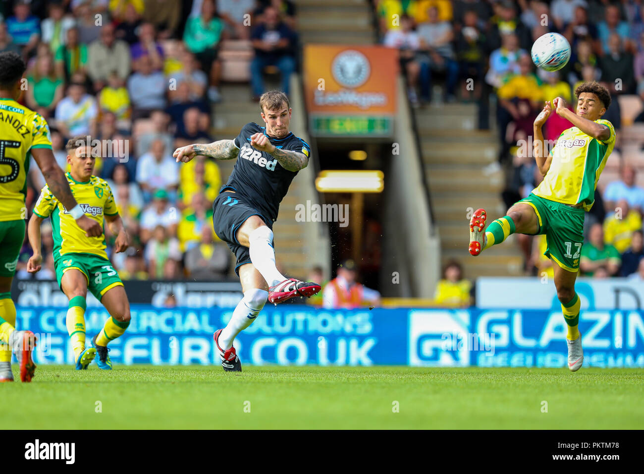 Carrow Road, Norfolk, Royaume-Uni. 15 Sep 2018. Sky Bet Championship EFL ; Norwich City v Middlesbrough Middlesborough's Aden Flint a un tir au but. Utilisez uniquement rédactionnel aucune utilisation non autorisée avec l'audio, vidéo, données, listes de luminaire, club ou la Ligue de logos ou services 'live'. Aucune utilisation de pari, de jeux ou d'un club ou la ligue/dvd publications et toutes les images de la Ligue anglaise de football sont soumis à licence DataCo Crédit : News Images /Alamy Live News Banque D'Images