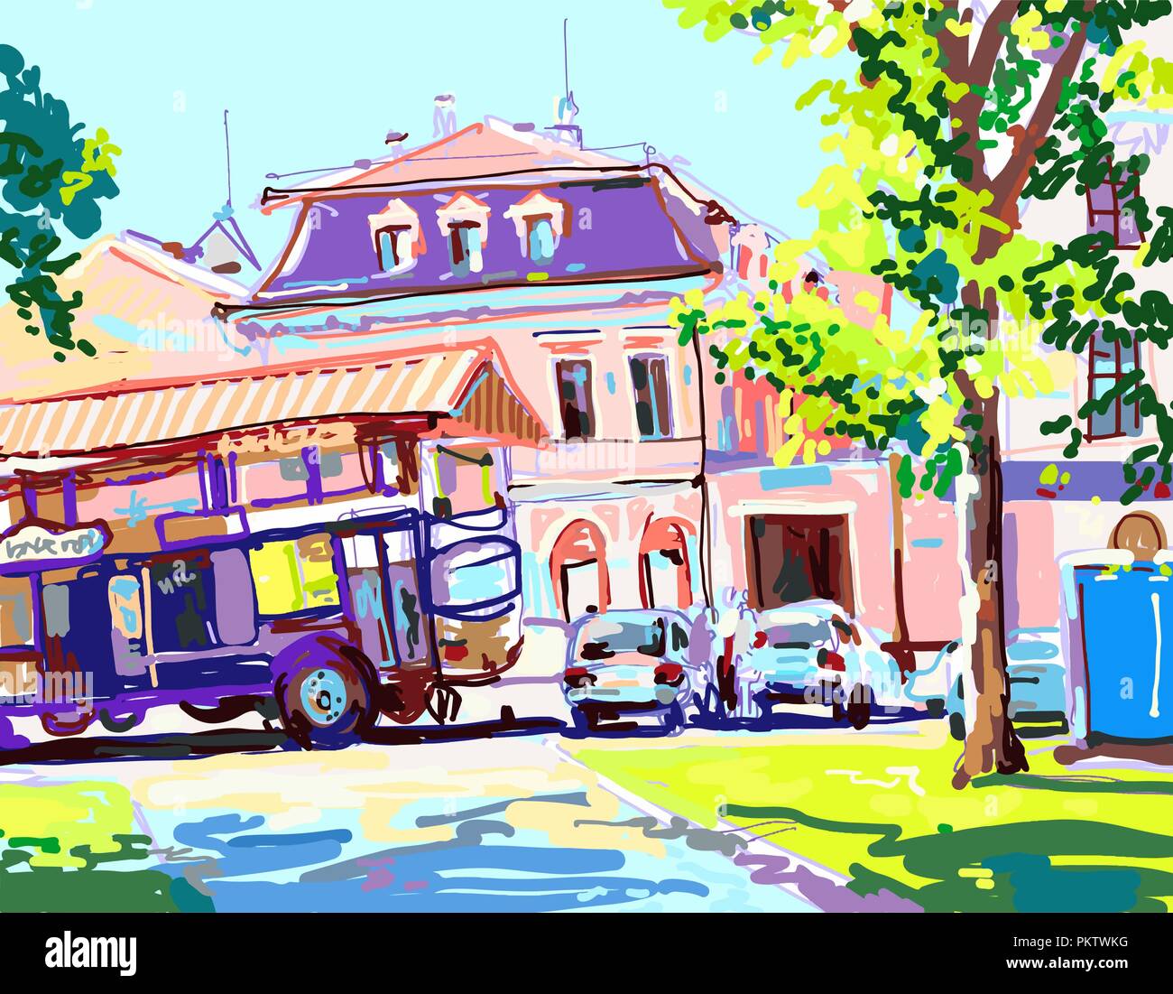 Peinture numérique de journée ensoleillée dans la ville, un contemporain d'été Illustration de Vecteur