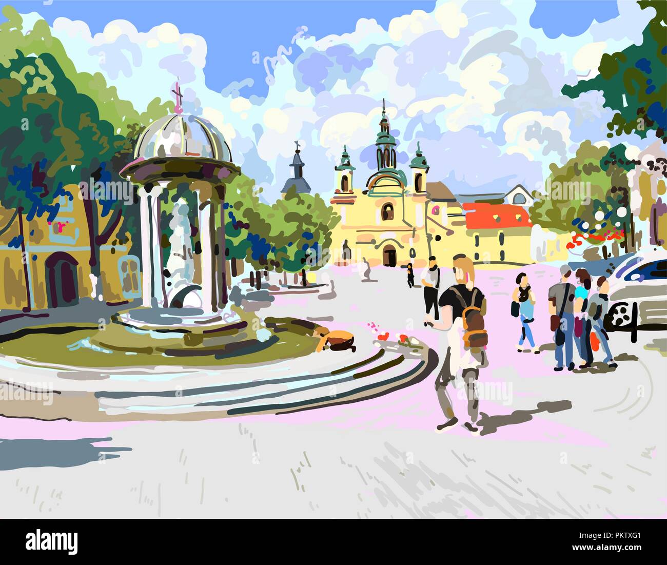 Peinture numérique de journée ensoleillée dans la ville Illustration de Vecteur