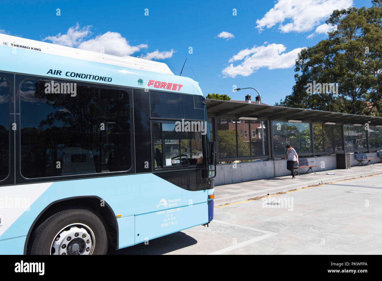 Un jeune garçon, s'étend sur un bus des transports publics à la nouvelle gare routière et échangeur à Gordon, Nouvelle Galles du Sud en Australie Banque D'Images