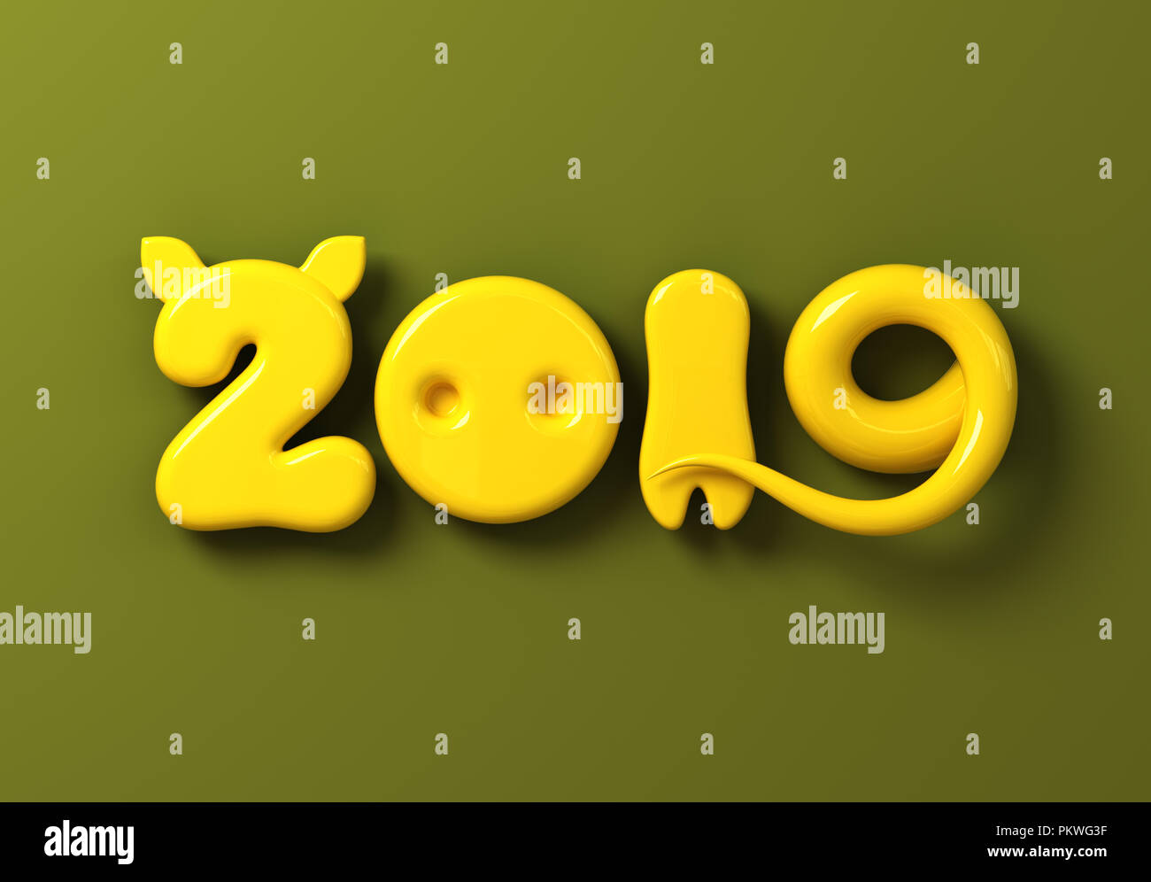 Concept 2019 avec numéros jaune cochon comme les oreilles, le nez, la jambe et la queue sur fond vert. 3D Illustration. Banque D'Images