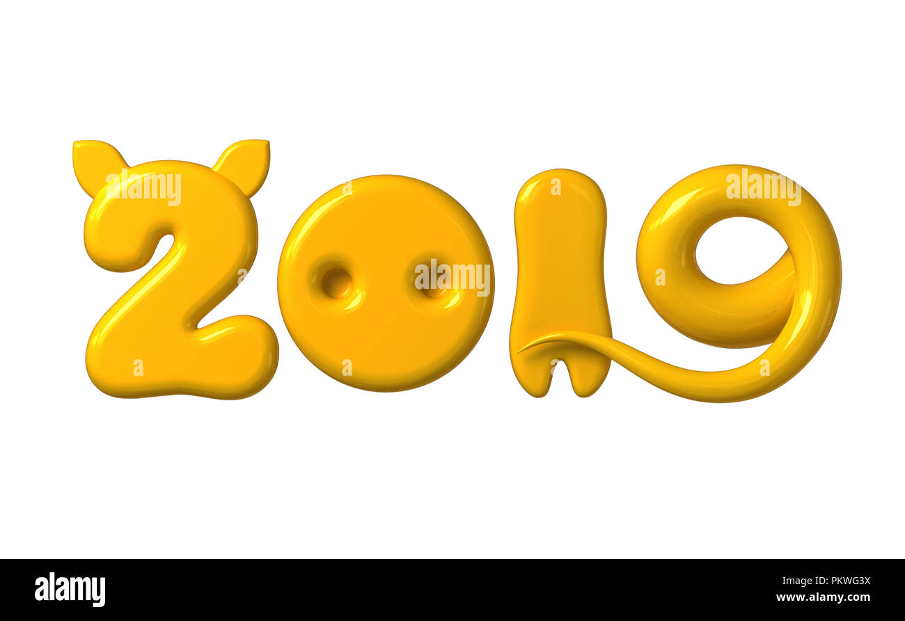 Concept 2019 avec numéros jaune cochon comme les oreilles, le nez, la jambe et la queue isolé sur fond blanc. 3D Illustration. Banque D'Images