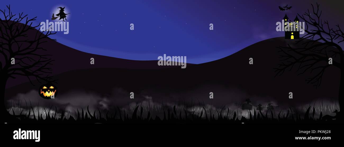 Soir de l'Halloween de fond avec arbres sombres, la citrouille Jack o lantern, effrayant, brouillard, spooky cimetière château sur la colline et silhouette de sorcière volant sur b Illustration de Vecteur