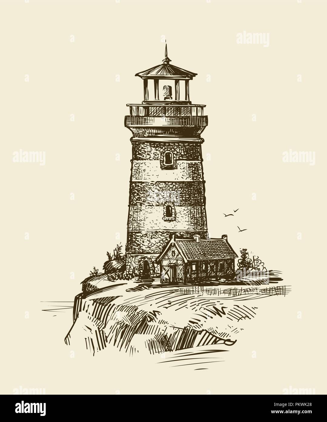 Phare sur mer, croquis. Seascape vintage vector illustration Illustration de Vecteur