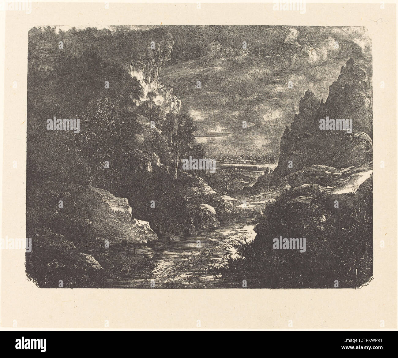 Le cours d'eau dans la gorge. En date du : 1880. Technique : lithographie de transfert. Musée : National Gallery of Art, Washington DC. Auteur : Rodolphe Bresdin. Banque D'Images