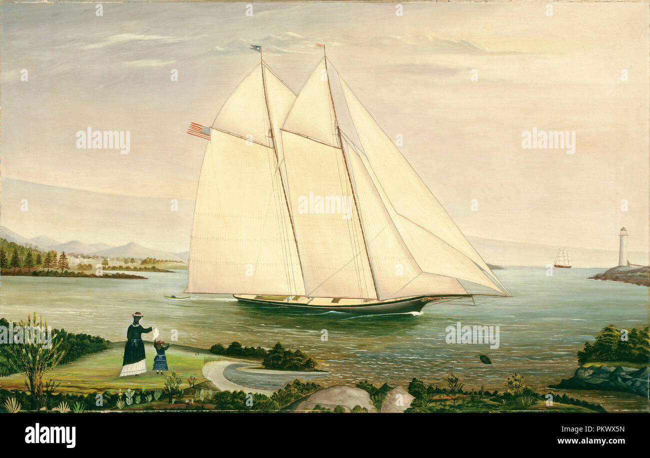 Schooner. Date : le 19e siècle. Dimensions : hors tout : 58,7 x 91,4 cm (23 1/8 x 36 in.) : 69,9 x 102,6 encadrée x 6,7 cm (27 1/2 x 40 3/8 x 2 5/8 in.). Médium : Huile sur toile. Musée : National Gallery of Art, Washington DC. Auteur : américain du xixe siècle. Banque D'Images