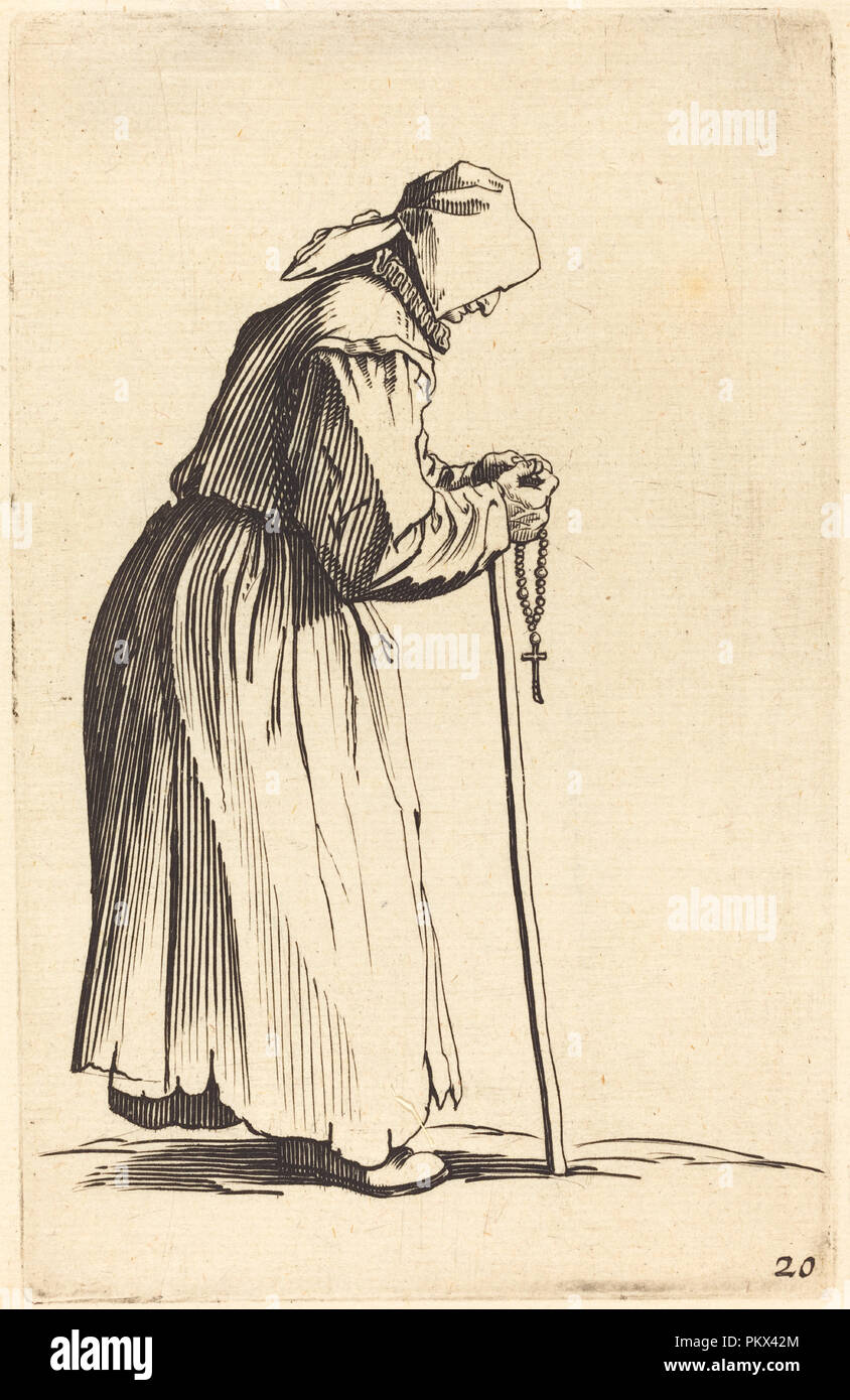 Femme mendiant avec Rosaire. Technique : gravure. Musée : National Gallery of Art, Washington DC. Auteur : après Jacques Callot. Banque D'Images