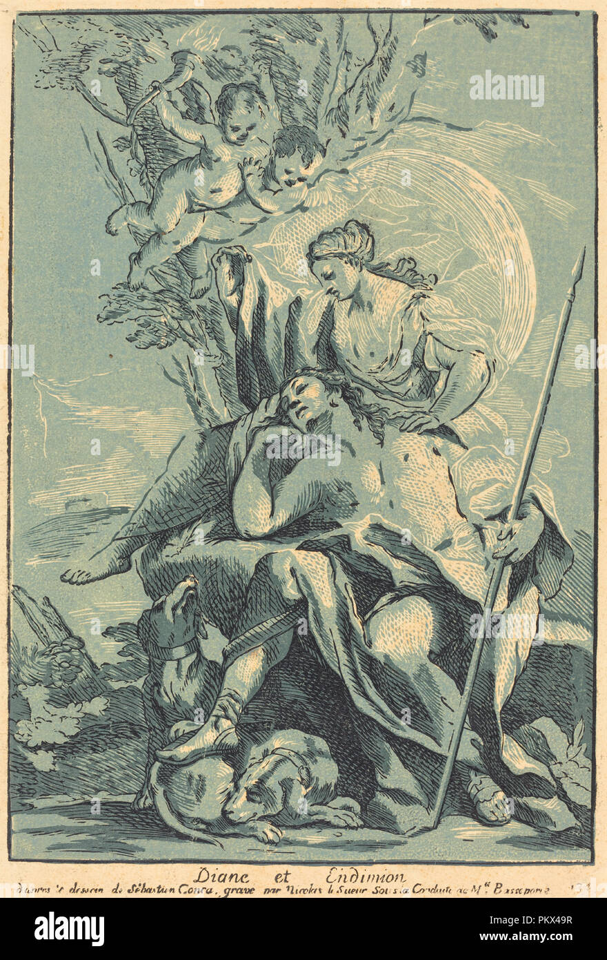 Diane et Endymion. Dimensions : 44,9 x 30,9 image : cm (17 11/16 x 12 3/16 in.) : 53,2 x 34,4 Fiche cm (20 15/16 x 13 9/16 in.). Technique : gravure sur bois clair-obscur imprimé de trois blocs : bloc ligne noir et gris-bleu et bleu clair sur les blocs de ton papier vergé. Musée : National Gallery of Art, Washington DC. Auteur : Nicolas le Sueur après Sebastiano Conca. Banque D'Images