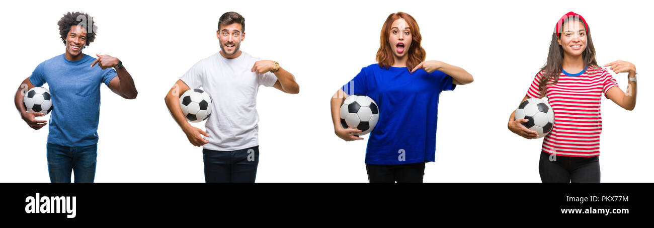 Collage de sociétés holding football ballon de soccer sur fond isolé avec surprise face à face à lui-même Banque D'Images