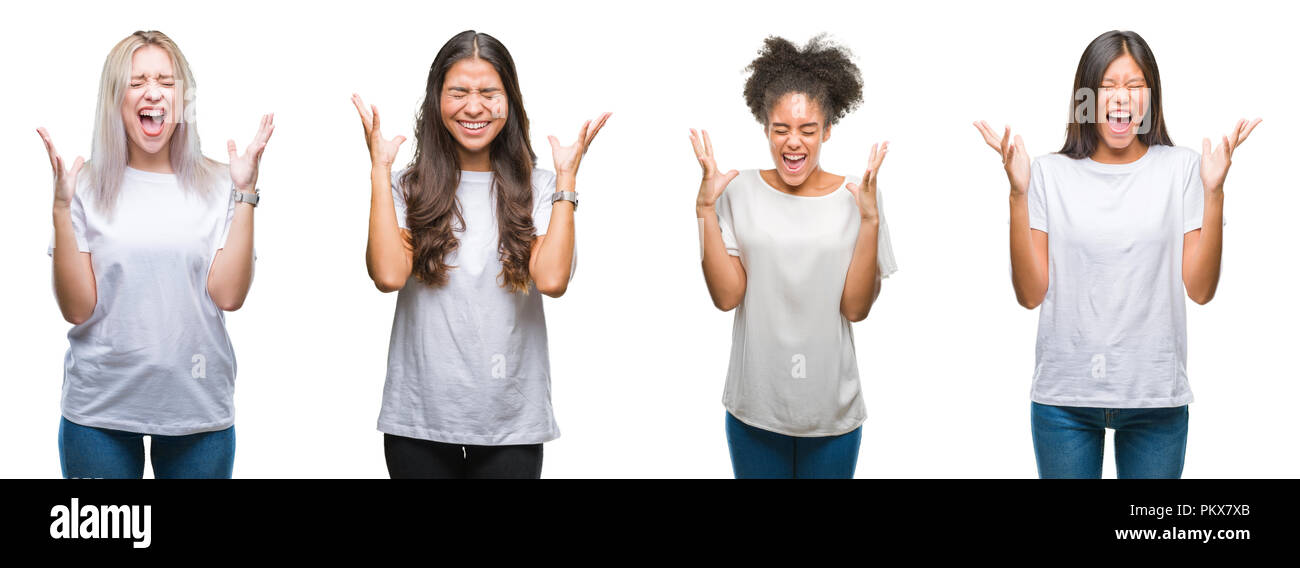 Collage de groupe de chinois, arabes, african american woman sur fond isolé et fou fou célèbre pour le succès avec bras levés et fermé e Banque D'Images