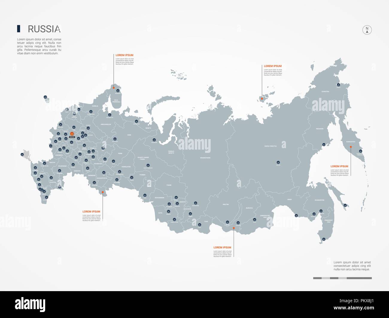 Carte de la Russie avec des frontières, des villes, des capitaux et des divisions administratives. Infographie carte vectorielle. Couches modifiables clairement étiquetés. Illustration de Vecteur
