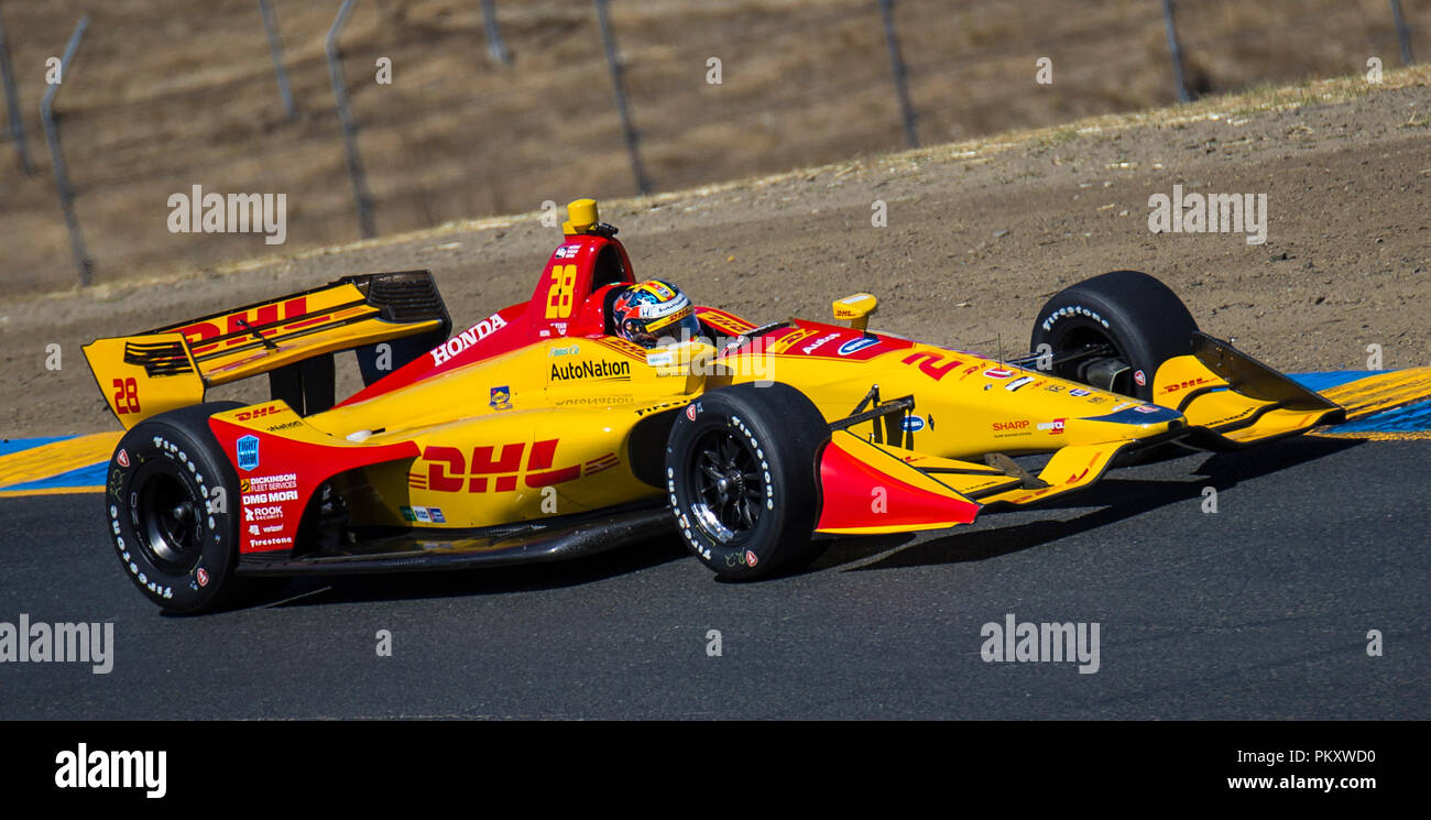 Californie, USA. 15 Sep, 2018. A : Andretti Autosport Ryan Hunter-Reay pilote (28) vitesse de pointe de 110,681 au cours du Grand Prix de GoPro Verizon Sonoma Raceway Sonoma Indycar pratique à Sonoma, CA Thurman James/CSM/Alamy Live News Banque D'Images