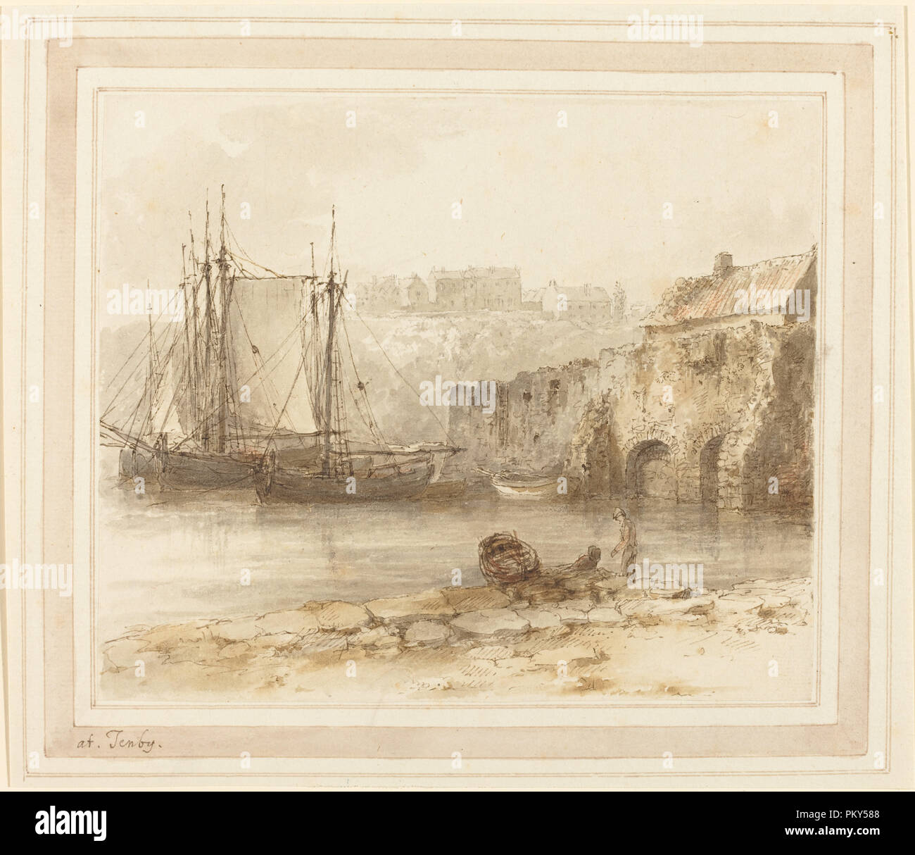 À Tenby. En date du : années 1790 ?. Fiche technique : Dimensions : 21 x 24,6 cm (8 1/4 x 9 2/13 in.) mont : 27,2 x 31,4 cm (10 11/16 x 12 3/8 in.). Médium : plume et encre grise et marron avec le gris et le brun se laver et touches de rouge sur les traces de craie graphite sur papier vergé. Musée : National Gallery of Art, Washington DC. Auteur : Heneage Finch 4e comte d'Aylesford. Banque D'Images