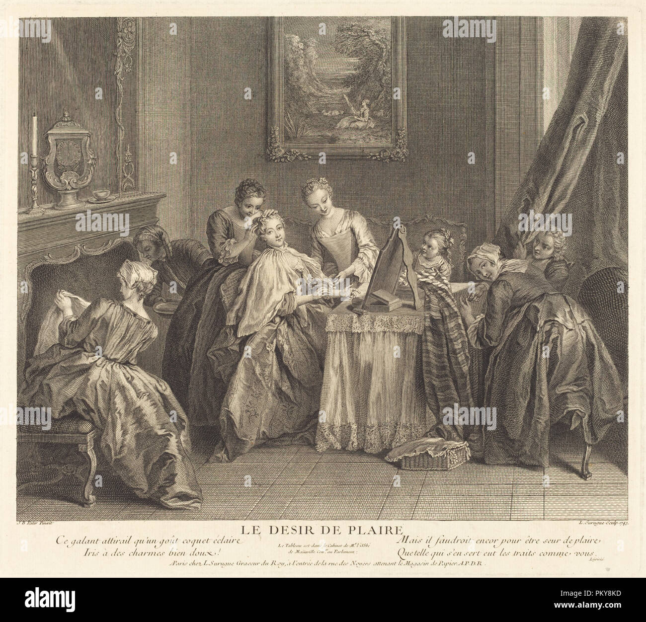 Le désir de plaire. En date du : 1743. Technique : gravure et gravure. Musée : National Gallery of Art, Washington DC. Auteur : Louis de Surugue de surgis après Jean-Baptiste Joseph Pater. Banque D'Images