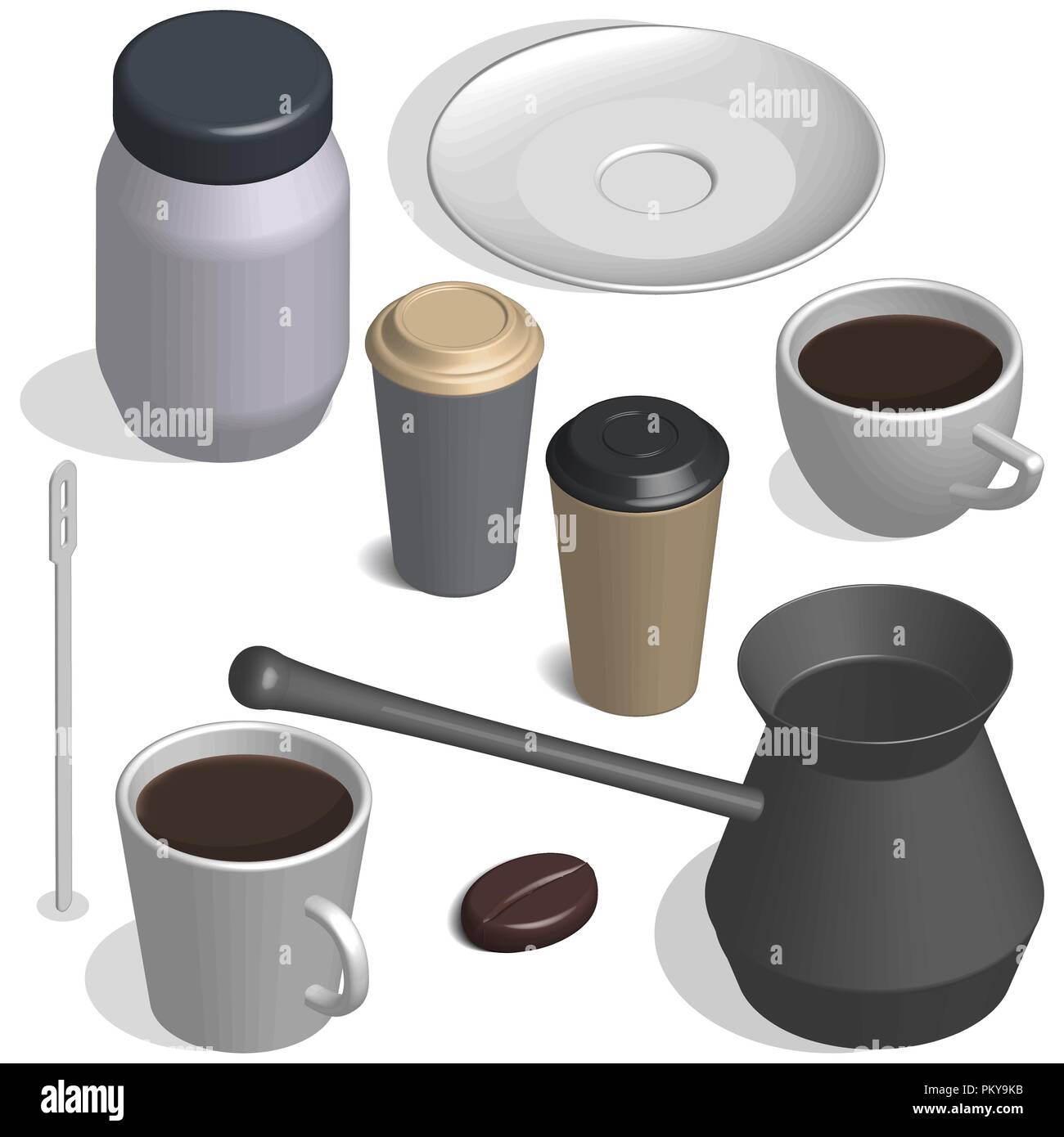 Service à café. Tasse, haricot, cezve et jar isolé sur fond blanc. 3D isométrique, style vector illustration. Illustration de Vecteur