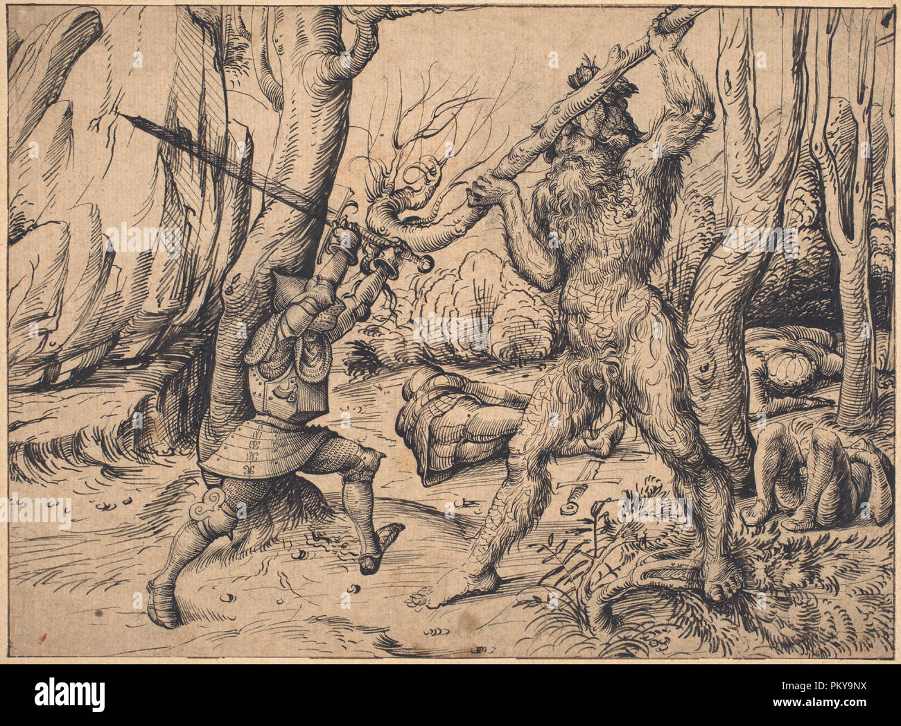 La lutte dans la forêt. En date du : ch. 1500/1503. Dimensions : hors tout : 21 x 28,6 cm (8 1/4 x 11 1/4 in.) support : 26,7 x 35,7 cm (10 1/2 x 14 1/16 in.). Médium : plume et encre noire sur papier vergé. Musée : National Gallery of Art, Washington DC. Auteur : Hans Burgkmair I. Banque D'Images