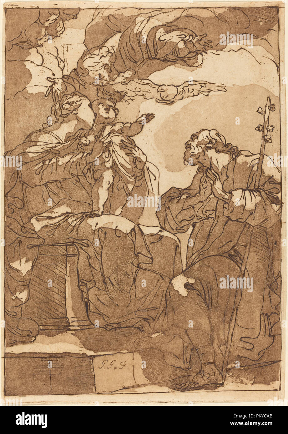 La Sainte Famille avec Dieu le Père. Dimensions : 20,5 x 14,5 plaque : cm (8 1/16 x 5 2/13 in.) ; coupé à platemark. Technique : gravure aquatinte avec en brun sur papier vergé. Musée : National Gallery of Art, Washington DC. Auteur : Gaetano Gandolfi. Banque D'Images