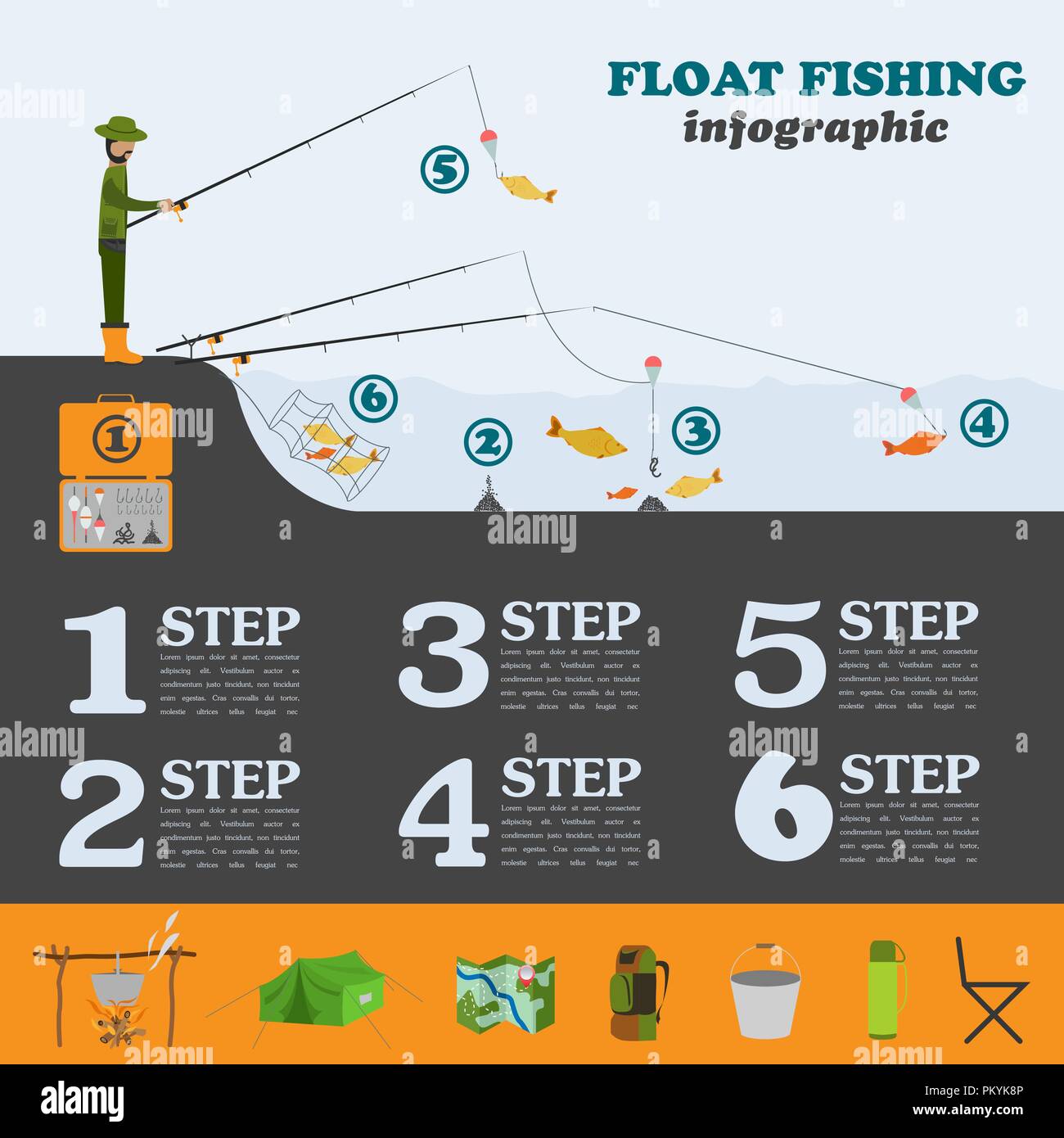 Pêche à l'infographie. Pêche à la ligne flottante. Définir des éléments pour créer votre propre conception infographique. Vector illustration Illustration de Vecteur