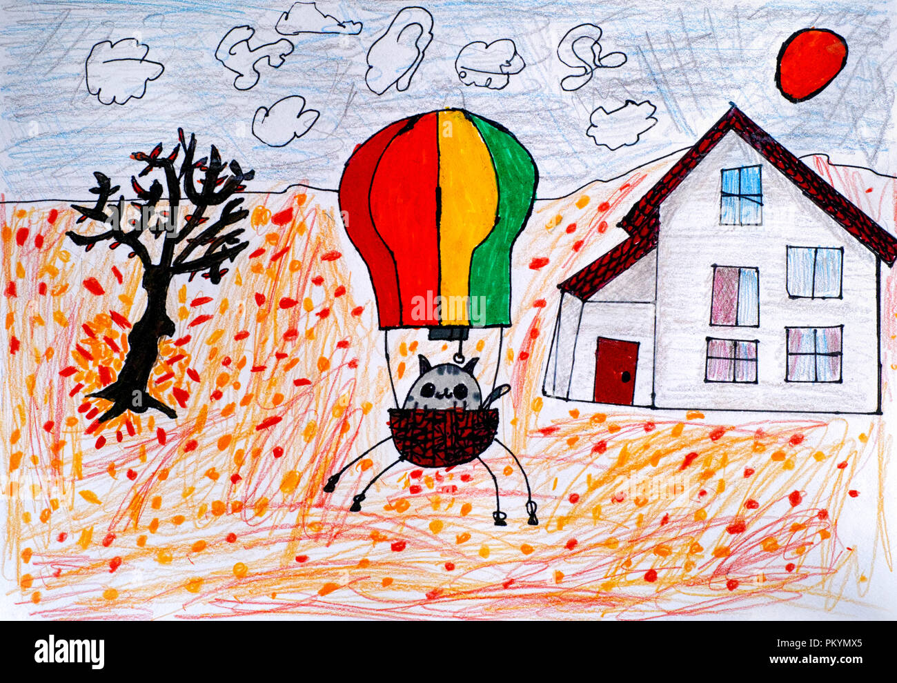Enfant crayon et feutre dessin à la main. Chat dans un ballon à air chaud prêt à voler en journée d'automne. Banque D'Images