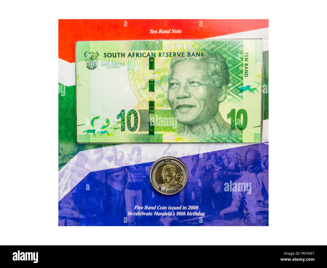 Queenstown, Afrique du Sud 16 Avril 2017 : Nelson Mandela et de pièce de 10 Rand note - édition spéciale publiée en 2008, pour célébrer son 90e anniversaire - Illust Banque D'Images