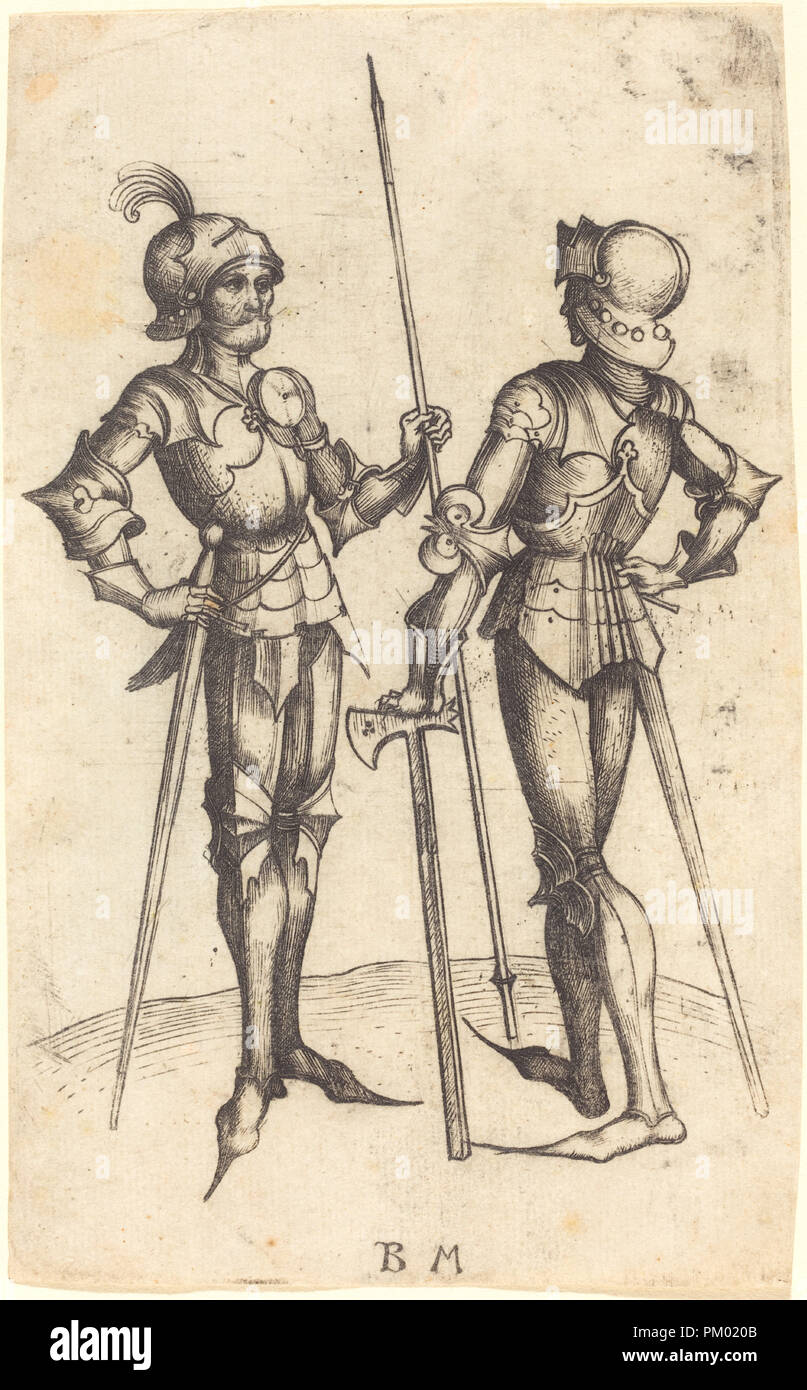 Deux hommes en armure. En date du : ch. 1480/1490. Technique : gravure. Musée : National Gallery of Art, Washington DC. Author : Master BM. Banque D'Images