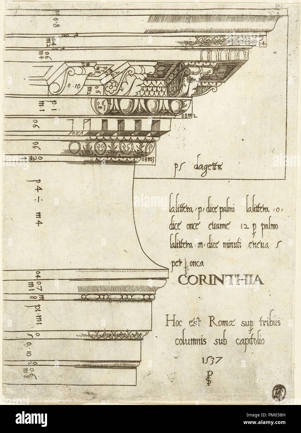 L'entablement du Temple de Castor et Pollux, Rome. En date du : 1537. Technique : gravure. Musée : National Gallery of Art, Washington DC. Author : Master PS. Banque D'Images