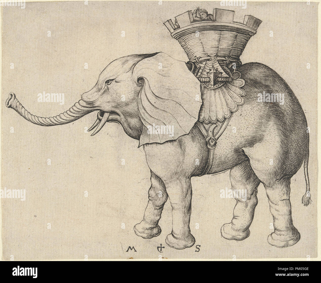 Éléphant. En date du : ch. 1480/1490. Fiche technique Dimensions : (découpés à la plaque de passage) : 10,9 x 13,3 cm (4 5/16 x 5 1/4 in.). Technique : gravure. Musée : National Gallery of Art, Washington DC. Auteur : Martin Schongauer. Banque D'Images