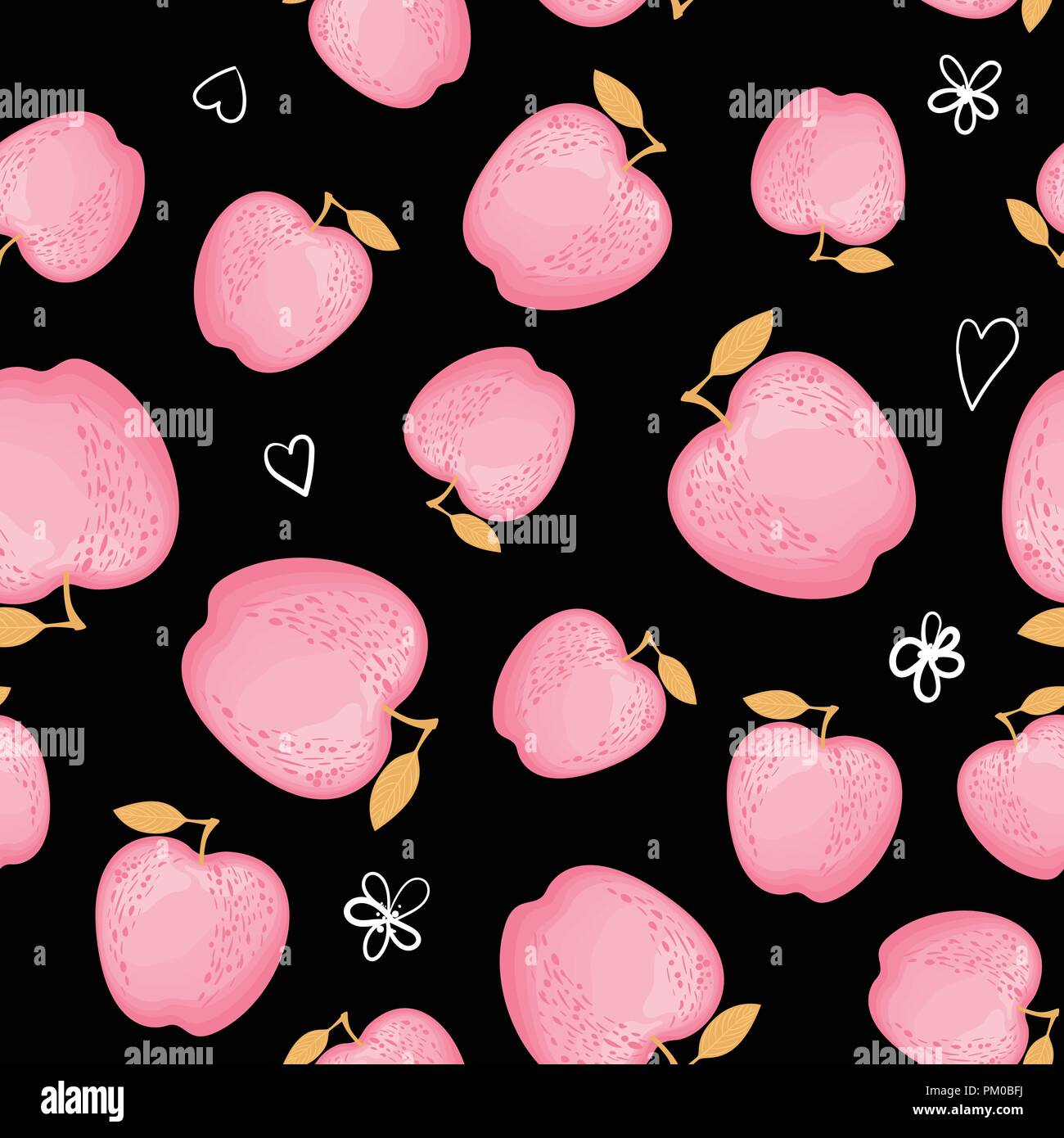 Kawai cute pink fashion pommes isolé sur un fond noir. Vector illustration. Illustration de Vecteur