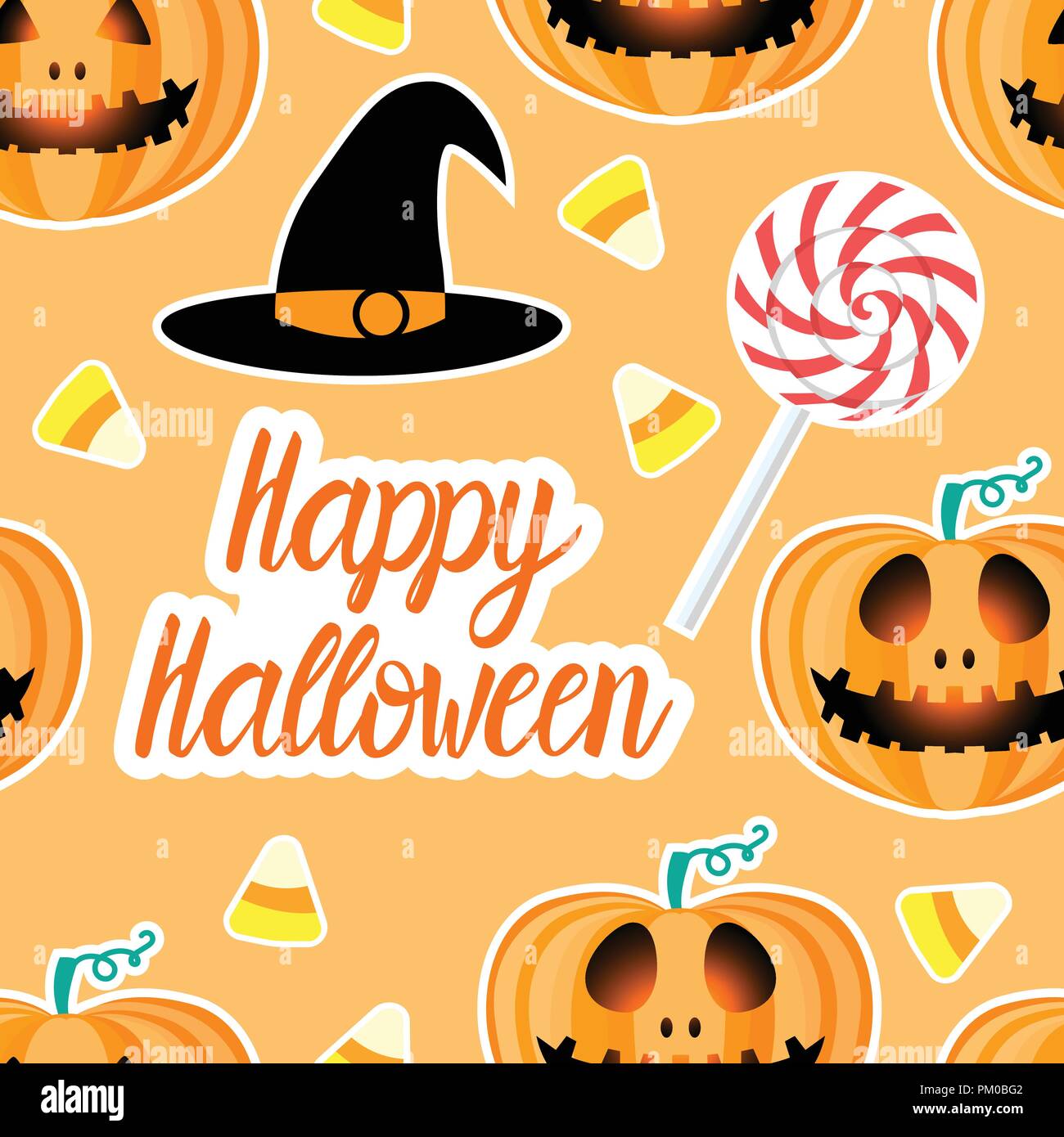 Happy Halloween jackolantern modèle homogène. Jack lantern avec facile et Candy corn. Vector illustration isolé sur fond orange. Illustration de Vecteur