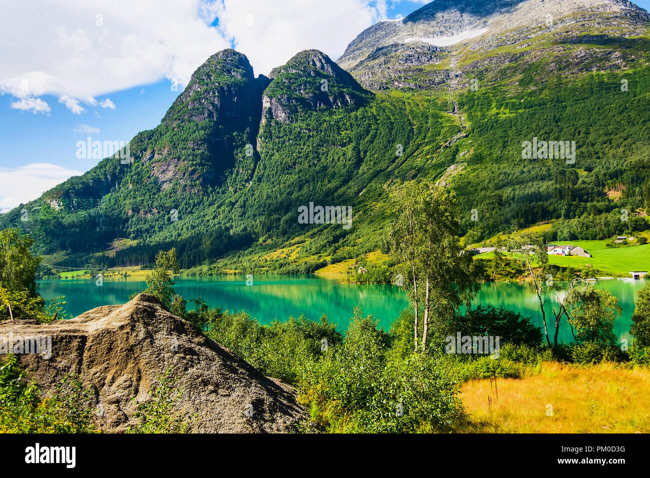 La Norvège Fjord fjord panorama de réflexion avec la forêt paysage montagneux. La nature norvégienne Banque D'Images