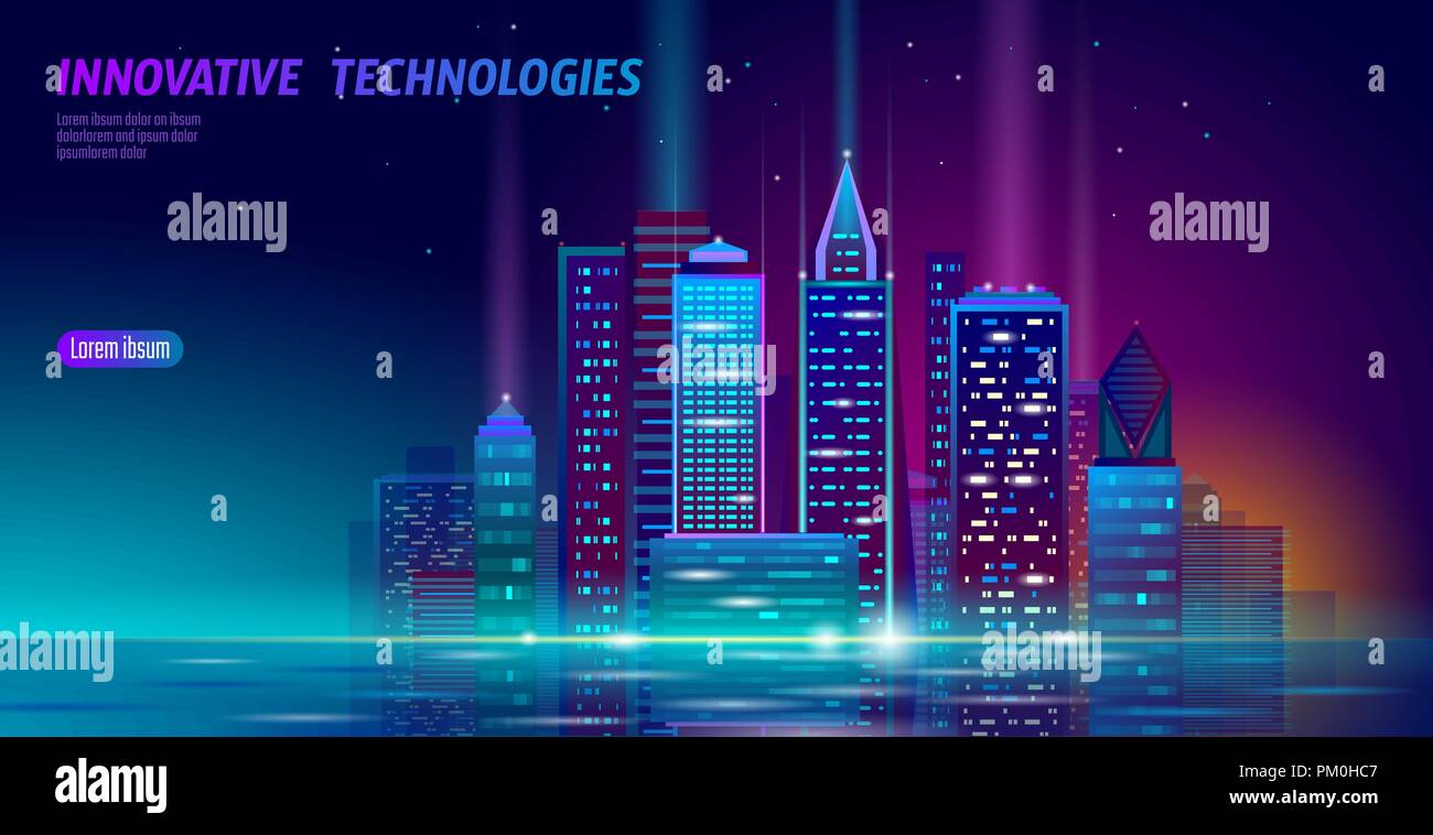 Smart city neon 3D cityscape rougeoyant. L'automatisation du bâtiment intelligent concept d'affaires futuriste de nuit. En ligne web cyberpunk de couleur vive retrowave. Bannière de la technologie urbaine vector illustration Illustration de Vecteur