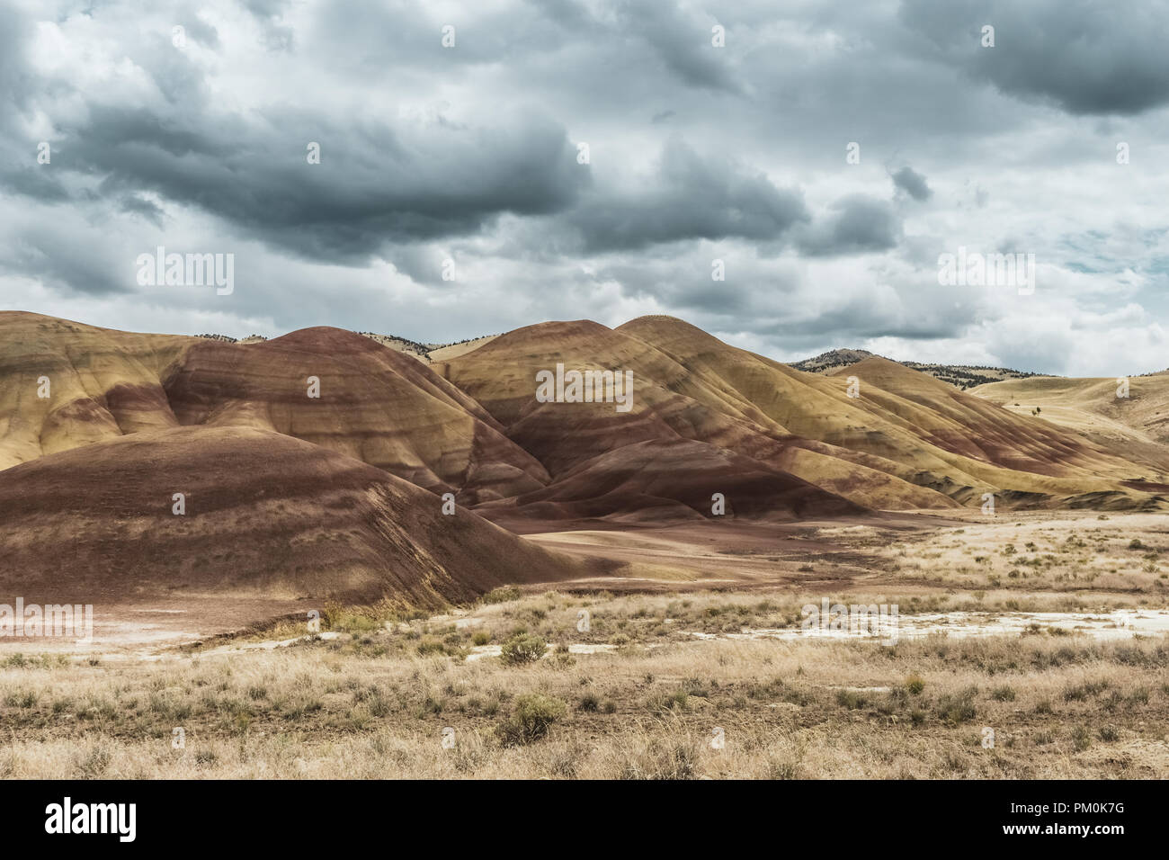 Les collines peintes sur un jour de tempête avec ciel nuageux, John Day Fossil jumeaux National Monument, Mitchell, Centre de l'Oregon, USA. Banque D'Images