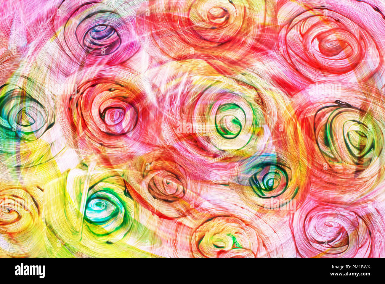 Abstract art arc-en-ciel lumineux de couleur rouge d'huile, les couleurs jaune et verte en forme de fleurs Banque D'Images