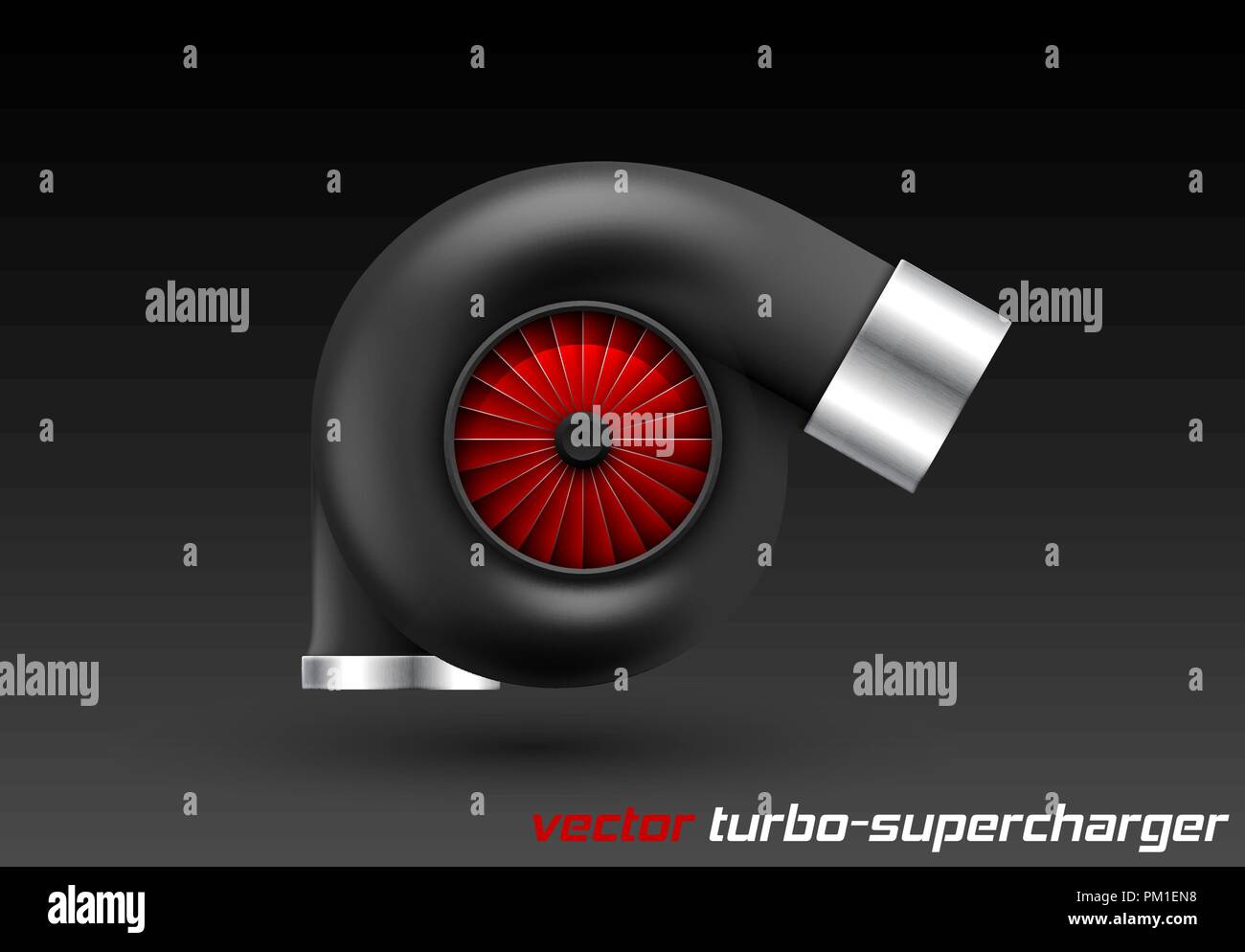 Turbocompresseur voiture vecteur isolé sur fond sombre. Black réaliste avec turbine de ventilateur rouge icône. Tuning turbo superchardger Illustration de Vecteur