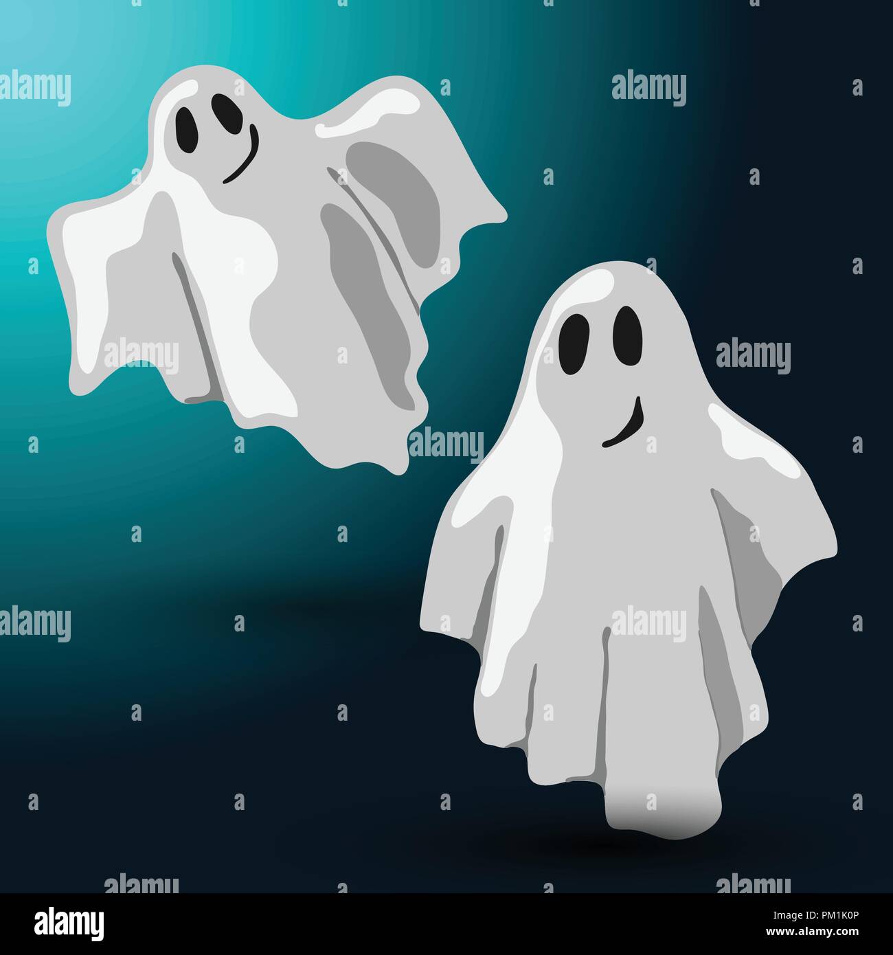 Flyer design Halloween avec deux fantômes battant sur l'arrière-plan de minuit Illustration de Vecteur