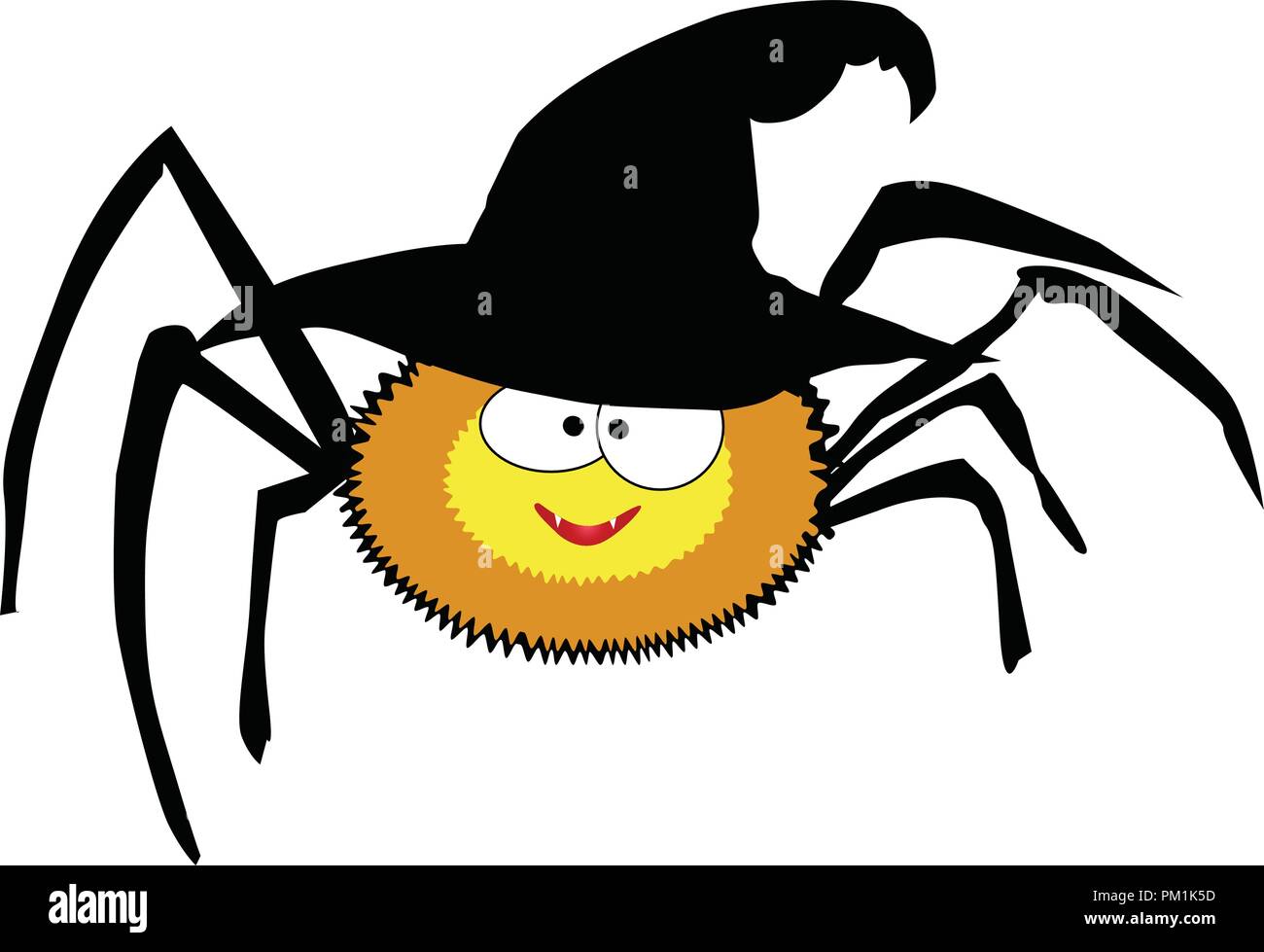 Vector illustration of cute funny sourire jaune vêtu de noir araignée halloween chapeau de sorcière. Cartoon caractères spider isolé sur fond blanc. Digi Illustration de Vecteur