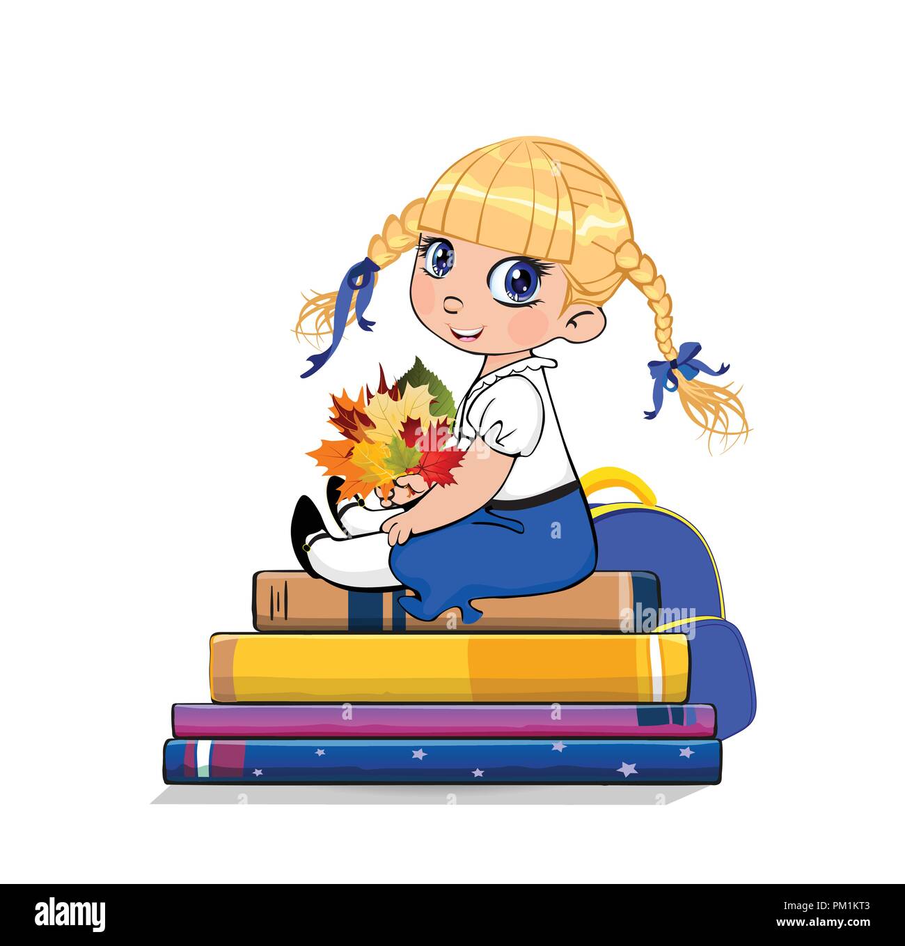 L Ecole De Dessin Anime Bebe Fille En Uniforme Assis Sur Books Tas Avec Bouquet De Feuilles D Automne Dans Les Mains Vector Illustration De Kawaii Eleve Etudiant Kid Cha Image Vectorielle Stock