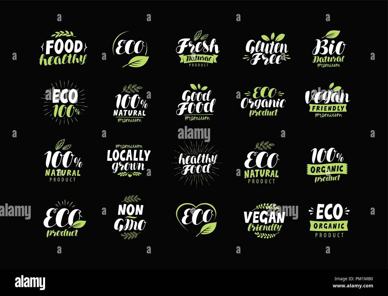 Eco label ou logo. Ensemble de produits organiques naturels sains, badges. Lettrage vecteur Illustration de Vecteur