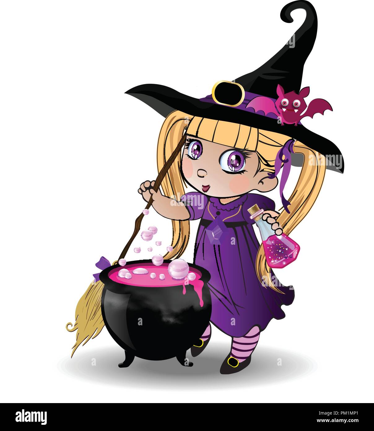 Vector cartoon illustration de petite blonde sorcière bébé fille en robe pourpre et mignon bat sur son chapeau potion bouillante mélanger avec balai dans chaudron o Illustration de Vecteur