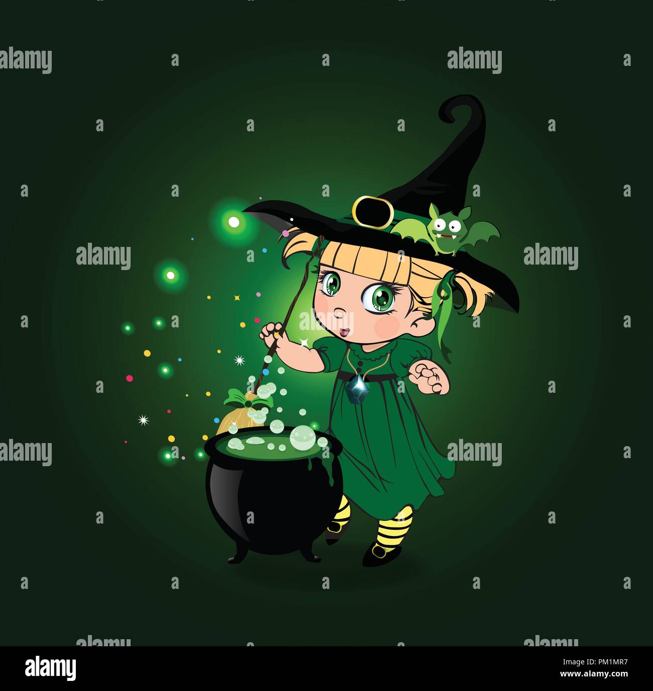 Vector cartoon halloween illustration de petite blonde bébé fille en costume de sorcière et mignon bat sur son chapeau potion bouillante mélanger avec balai dans cauld Illustration de Vecteur