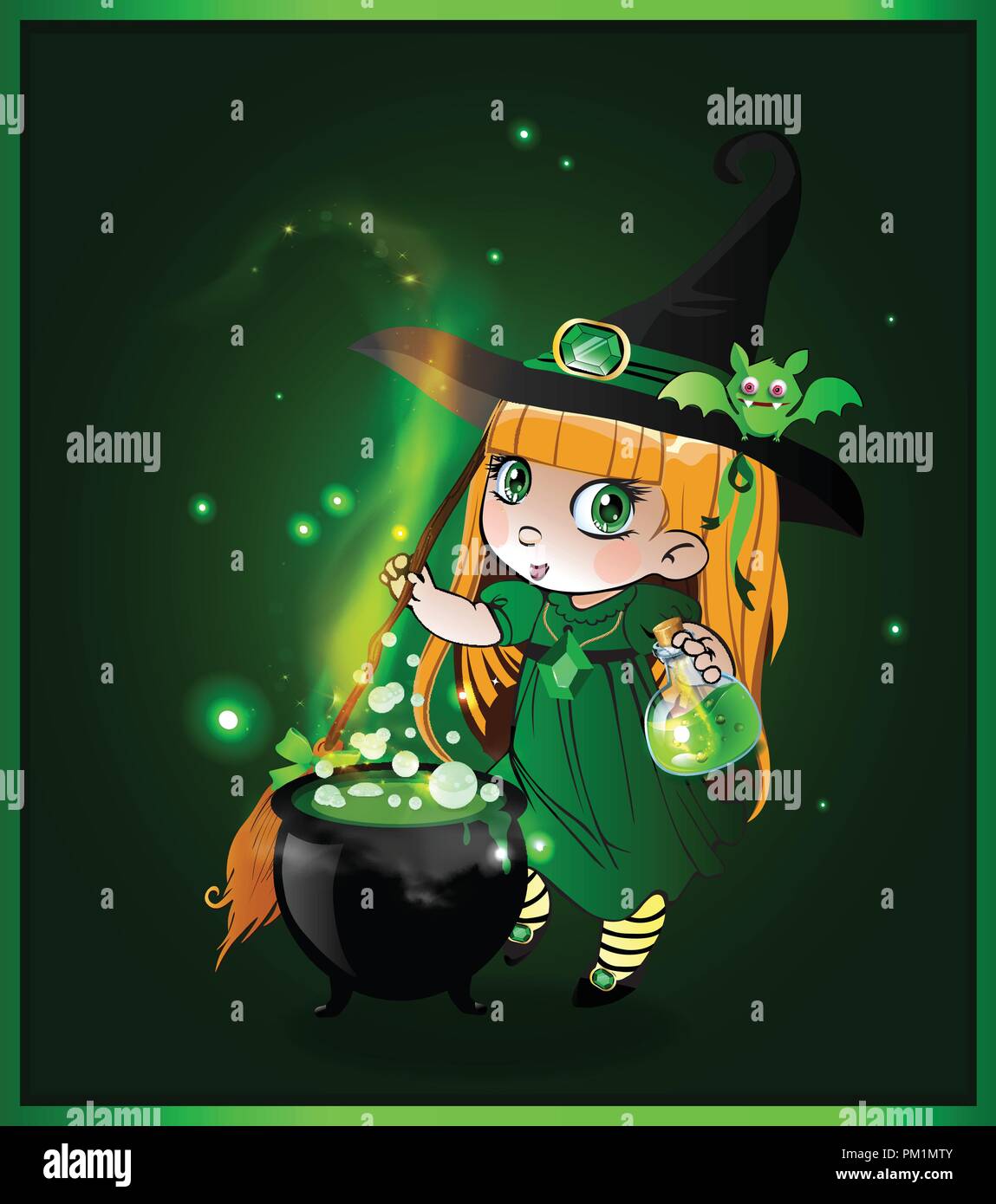 Vector cartoon halloween illustration de petite fille sorcière baby gingembre en costume et mignon bat sur son chapeau potion bouillante mélanger avec balai dans cauld Illustration de Vecteur