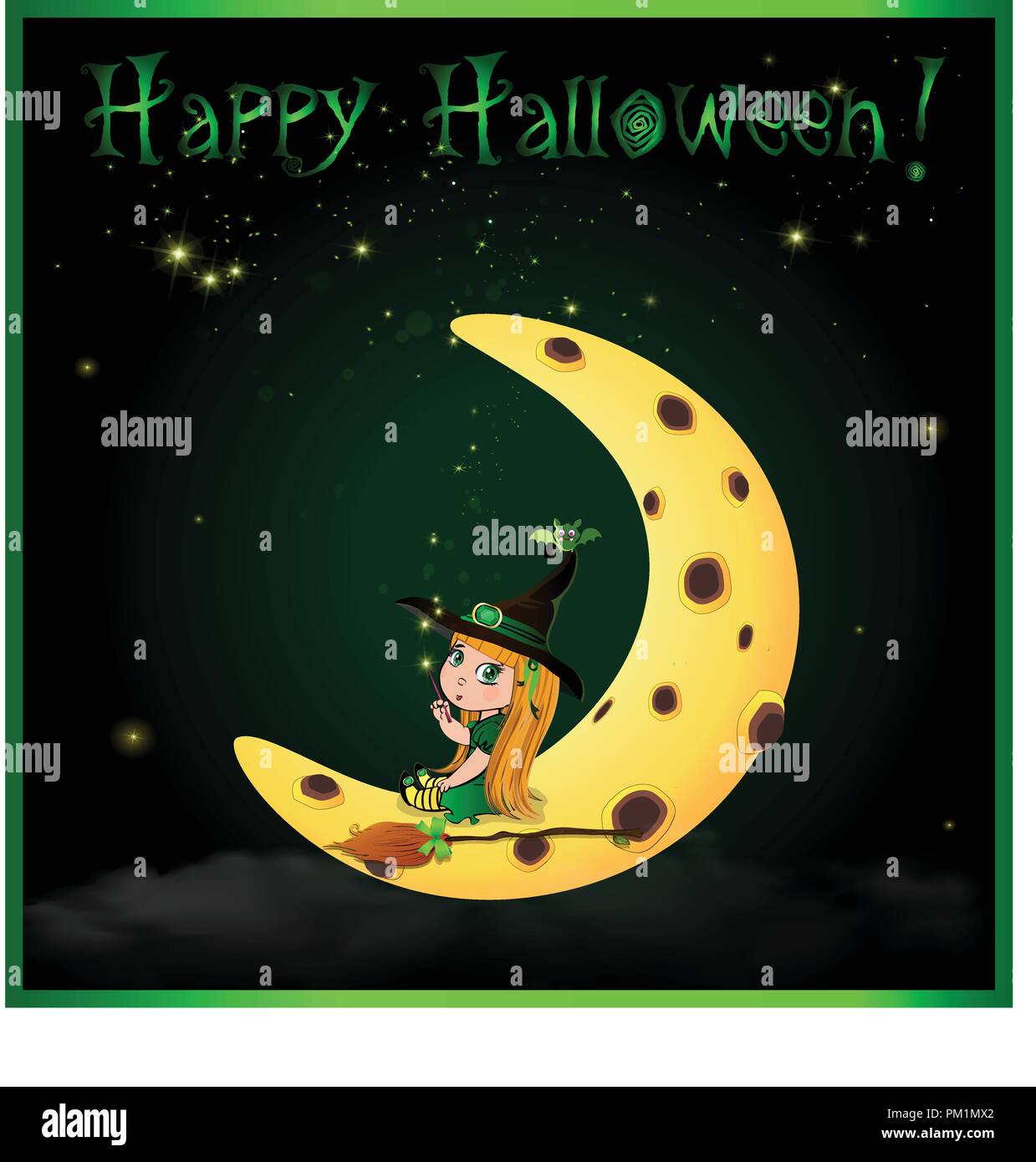 Happy Halloween vector carte de souhaits avec mignon petit bébé fille sorcière de gingembre en costume vert avec un balai, baguette et funny bat sur son chapeau assis sur le Illustration de Vecteur