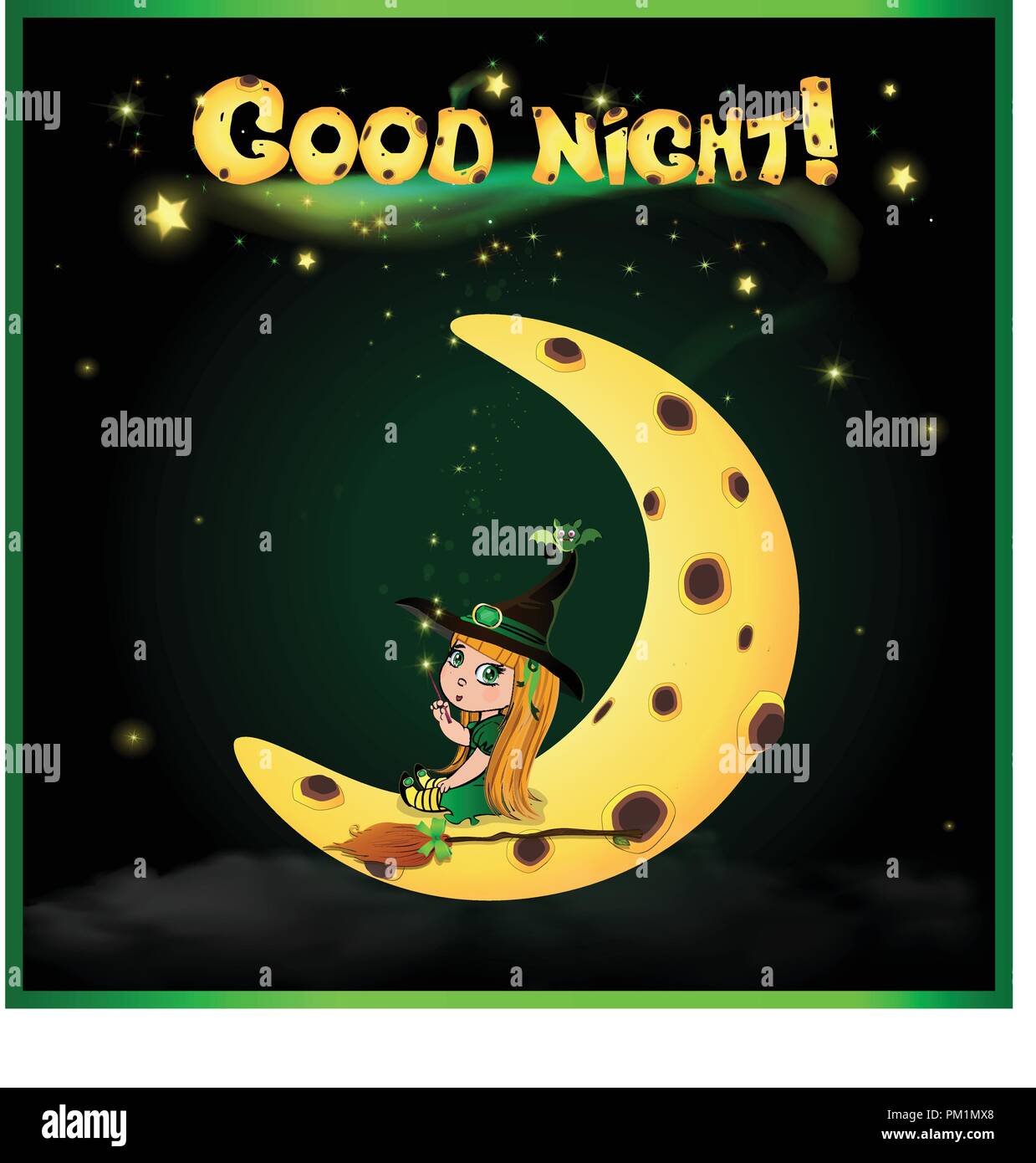Bonne Nuit Carte Vectorielle Avec Gingembre Mignon Petit Bebe Fille Sorciere En Costume Vert Avec Un Balai Baguette Et Funny Bat Sur Son Chapeau Assis Sur La Lune Sur Image Vectorielle Stock Bonne Nuit Carte Vectorielle Avec Gingembre Mignon Petit Bebe Fille Sorciere En Costume Vert Avec Un Balai Baguette Et Funny Bat Sur Son Chapeau Assis Sur La Lune Sur Image Vectorielle Stock
