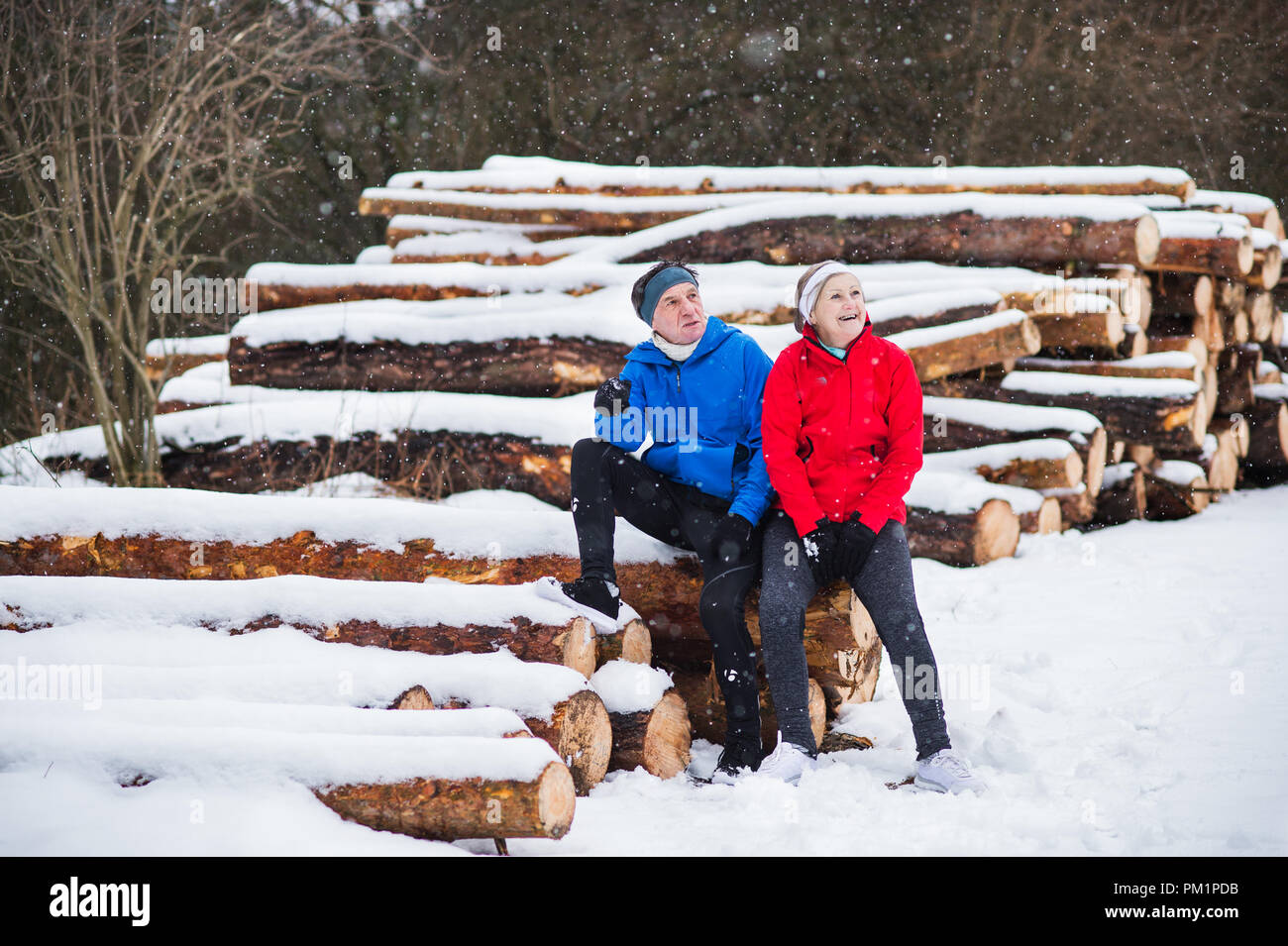 Senior couple porteur reposant en hiver la nature. Banque D'Images
