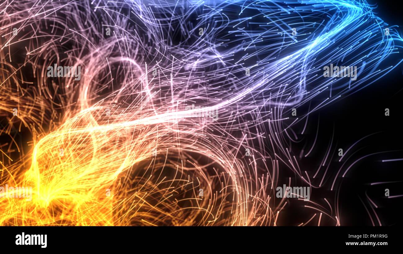 Les particules de fluide avec des sentiers lumineux de l'essaim. 3d illustration. Banque D'Images