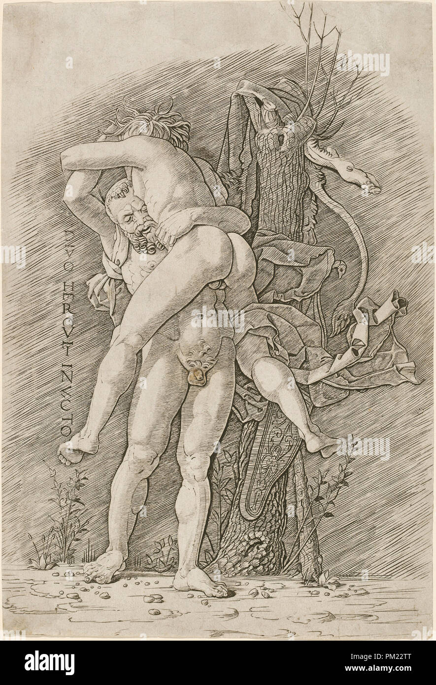 Hercule et Antée. En date du : ch. 1490/1500. Fiche technique : Dimensions : 32,8 x 22,4 cm (12 15/16 x 8 13/16 in.). Technique : gravure. Musée : National Gallery of Art, Washington DC. Auteur : Atelier de Andrea Mantegna. Banque D'Images