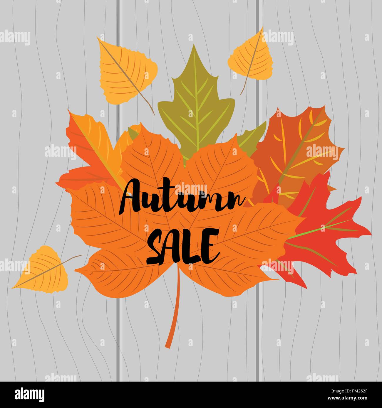 Vector illustration. Ensemble d'automne feuilles jaunes et inscription ventes d'automne sur un fond de bois Illustration de Vecteur